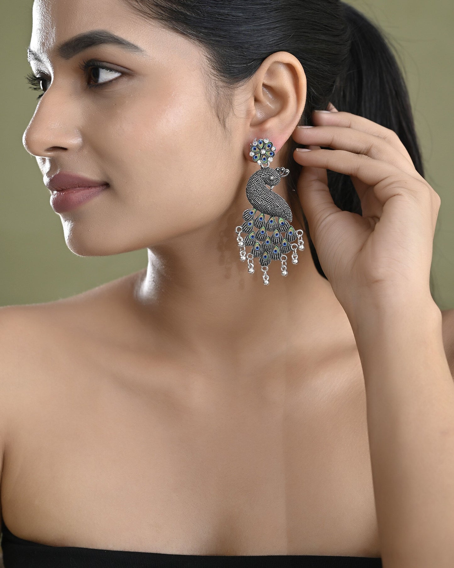 VOJ Silver Plated Oxidized Peacock Shaped Long Earrings - Swadesiicart