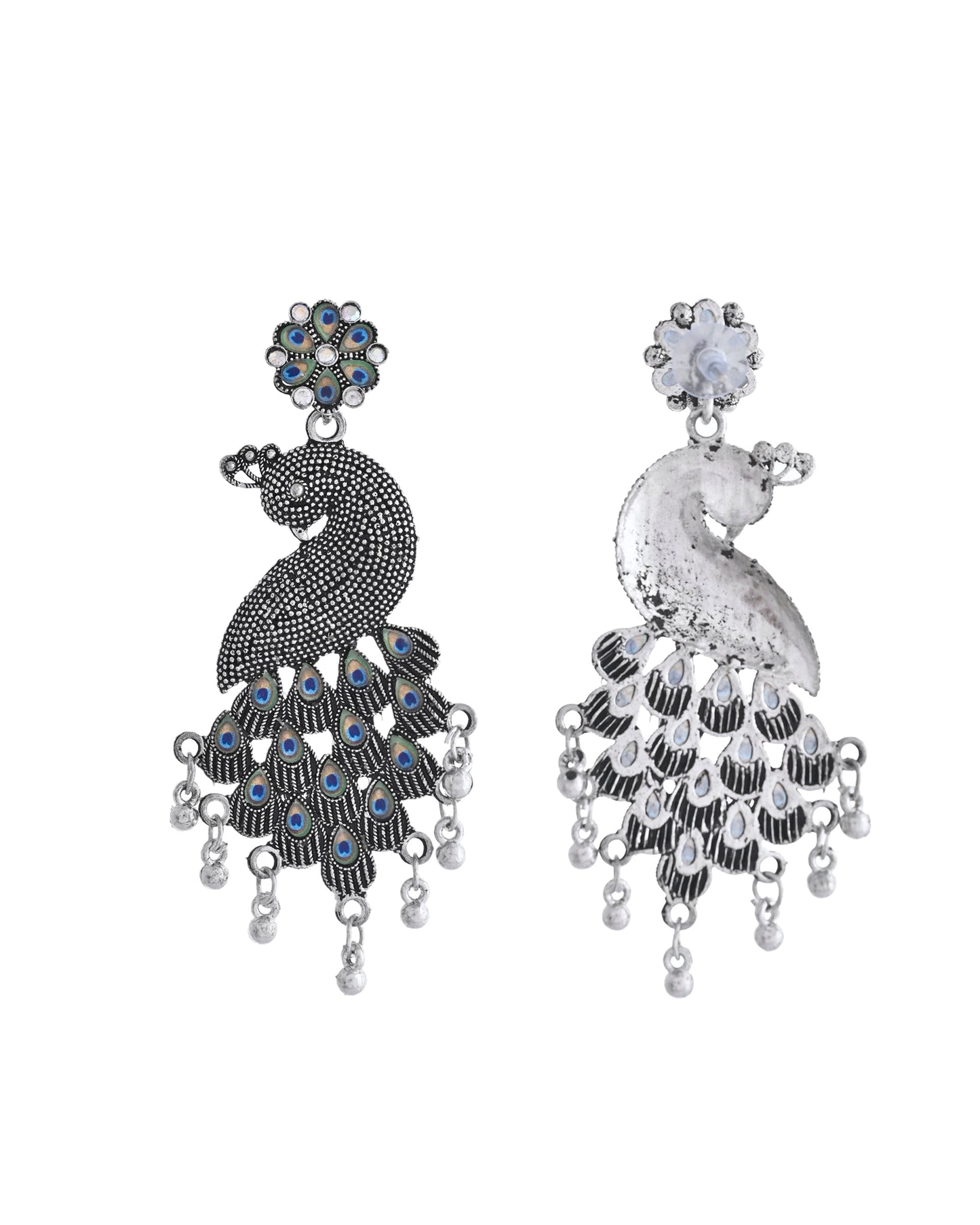 VOJ Silver Plated Oxidized Peacock Shaped Long Earrings - Swadesiicart