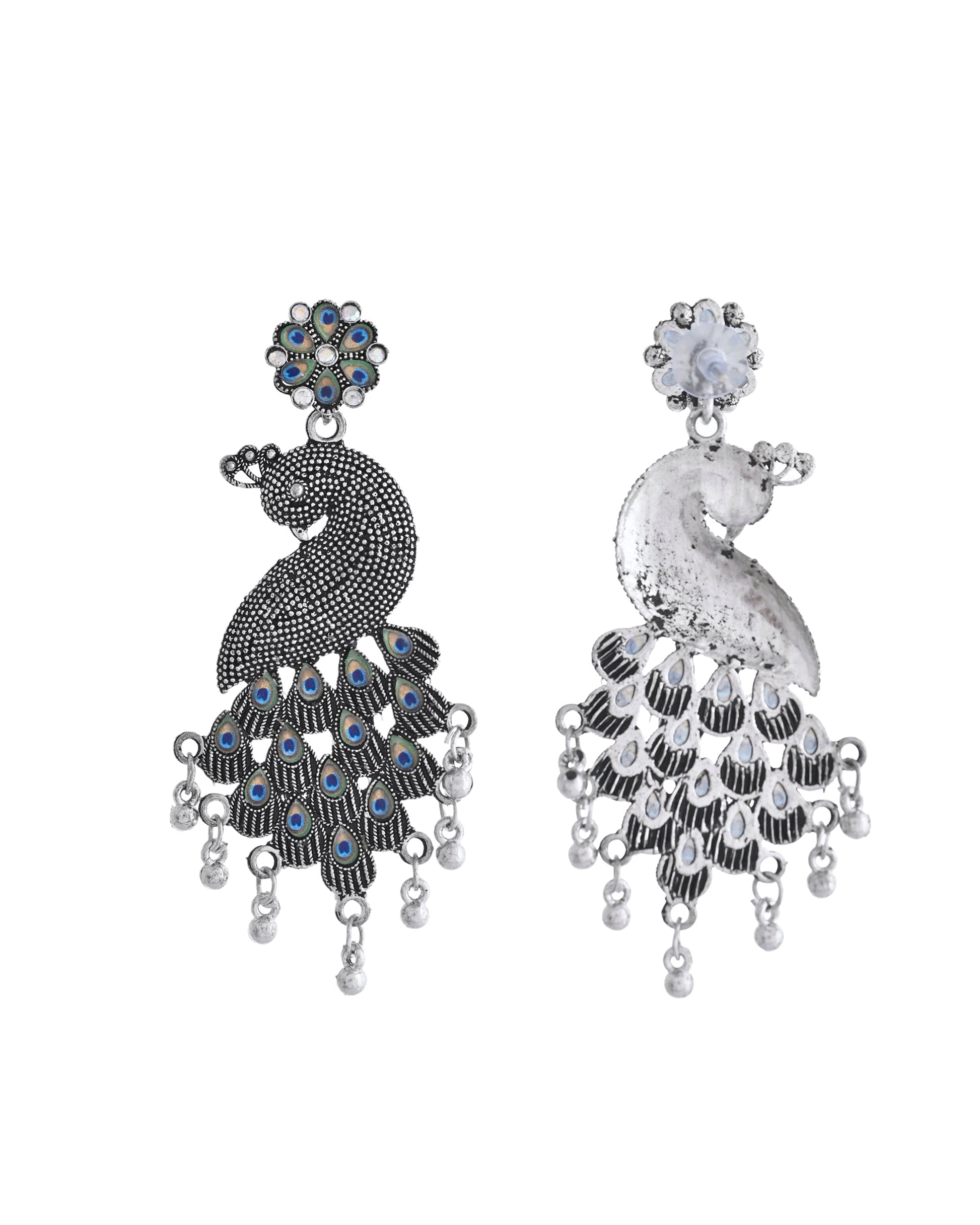 VOJ Silver Plated Oxidized Peacock Shaped Long Earrings - Swadesiicart