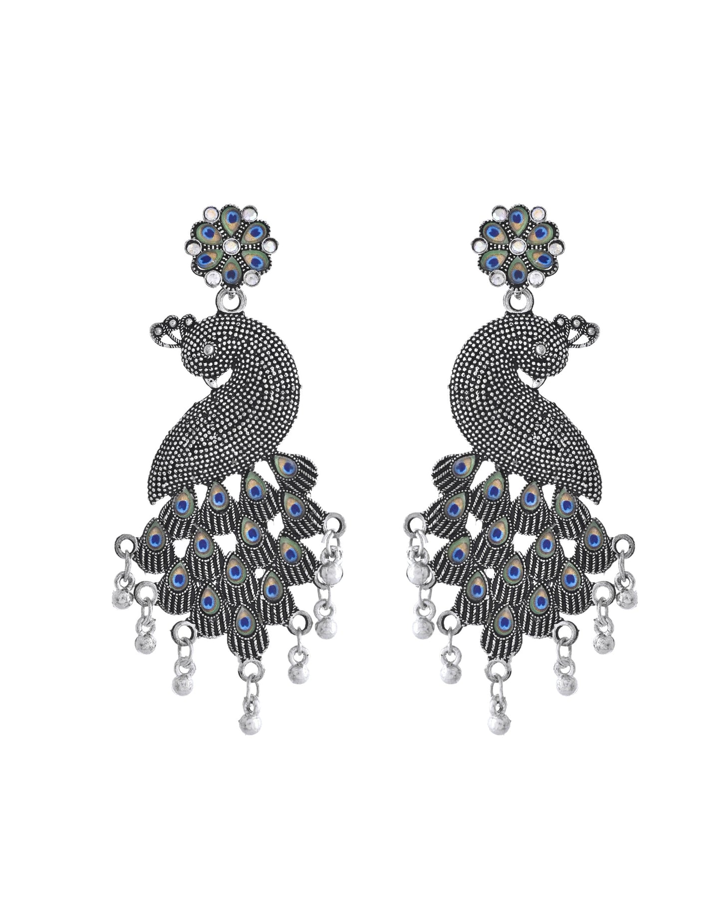 VOJ Silver Plated Oxidized Peacock Shaped Long Earrings - Swadesiicart