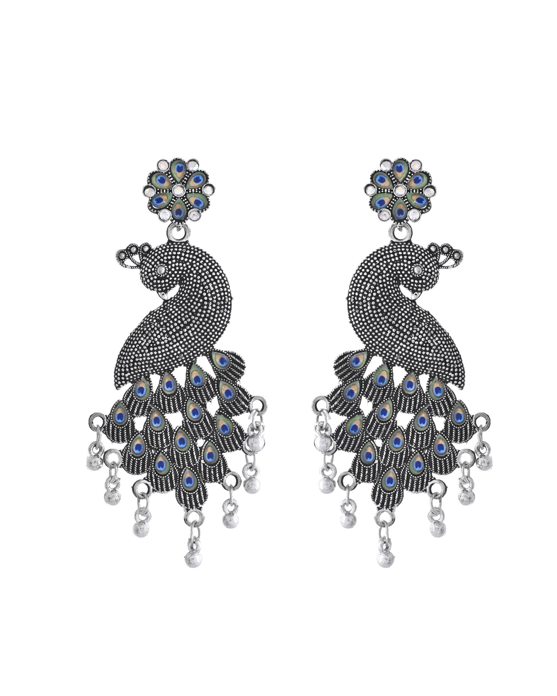 VOJ Silver Plated Oxidized Peacock Shaped Long Earrings - Swadesiicart