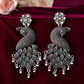 VOJ Silver Plated Oxidized Peacock Shaped Long Earrings - Swadesiicart