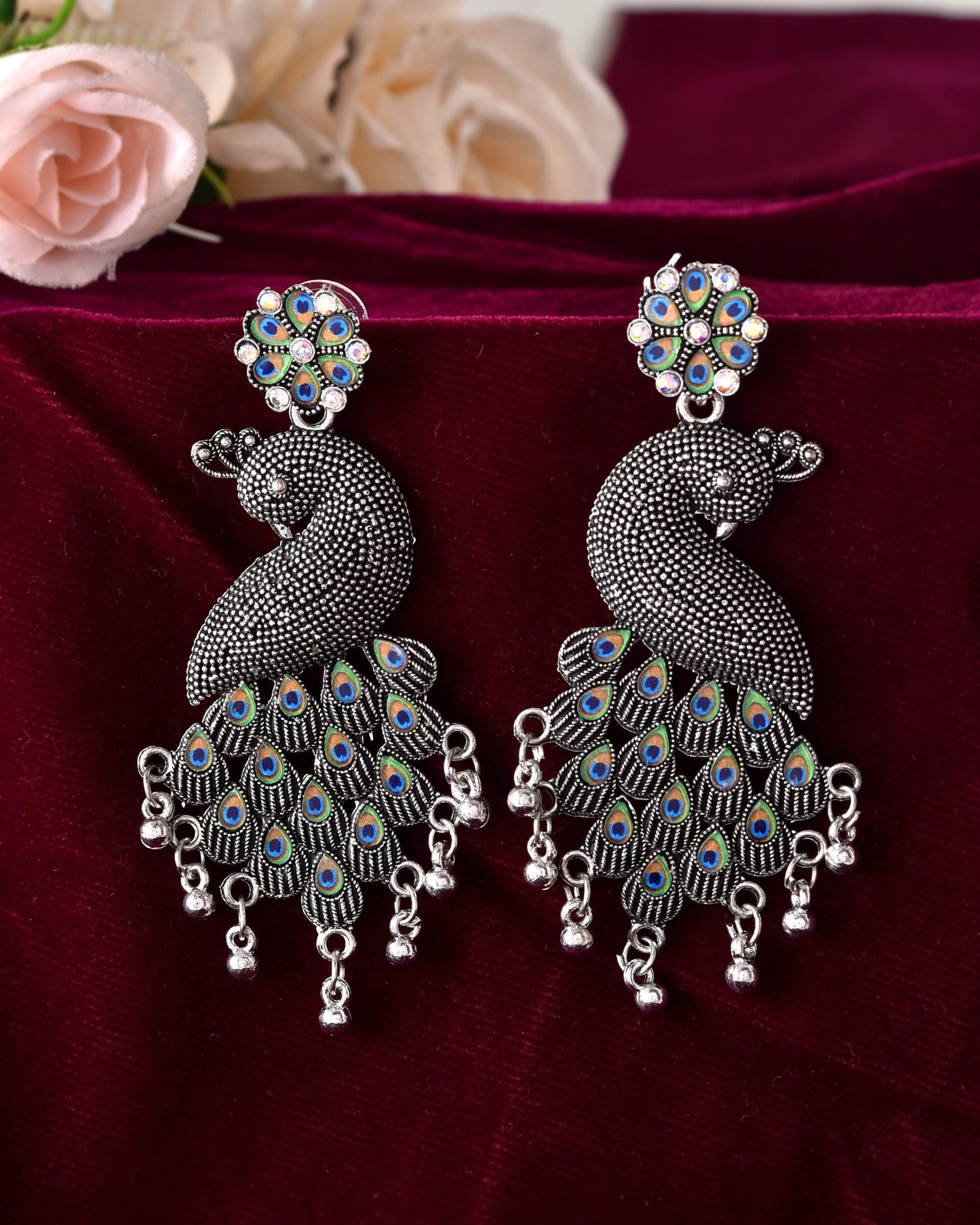 VOJ Silver Plated Oxidized Peacock Shaped Long Earrings - Swadesiicart