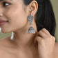 VOJ Silver Plated Oxidized Stone Studded Leaf Shaped Long Earrings - Swadesiicart