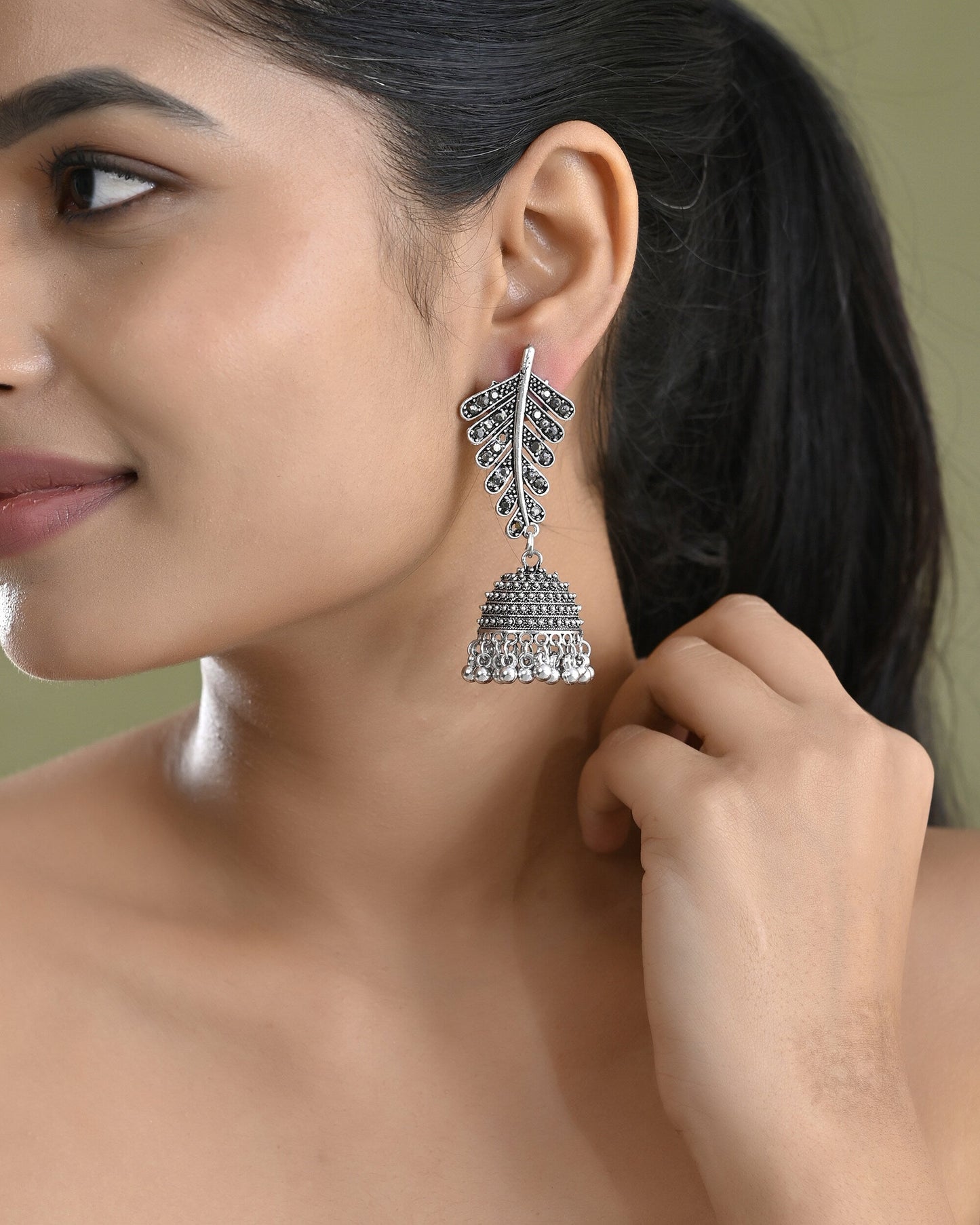 VOJ Silver Plated Oxidized Stone Studded Leaf Shaped Long Earrings - Swadesiicart