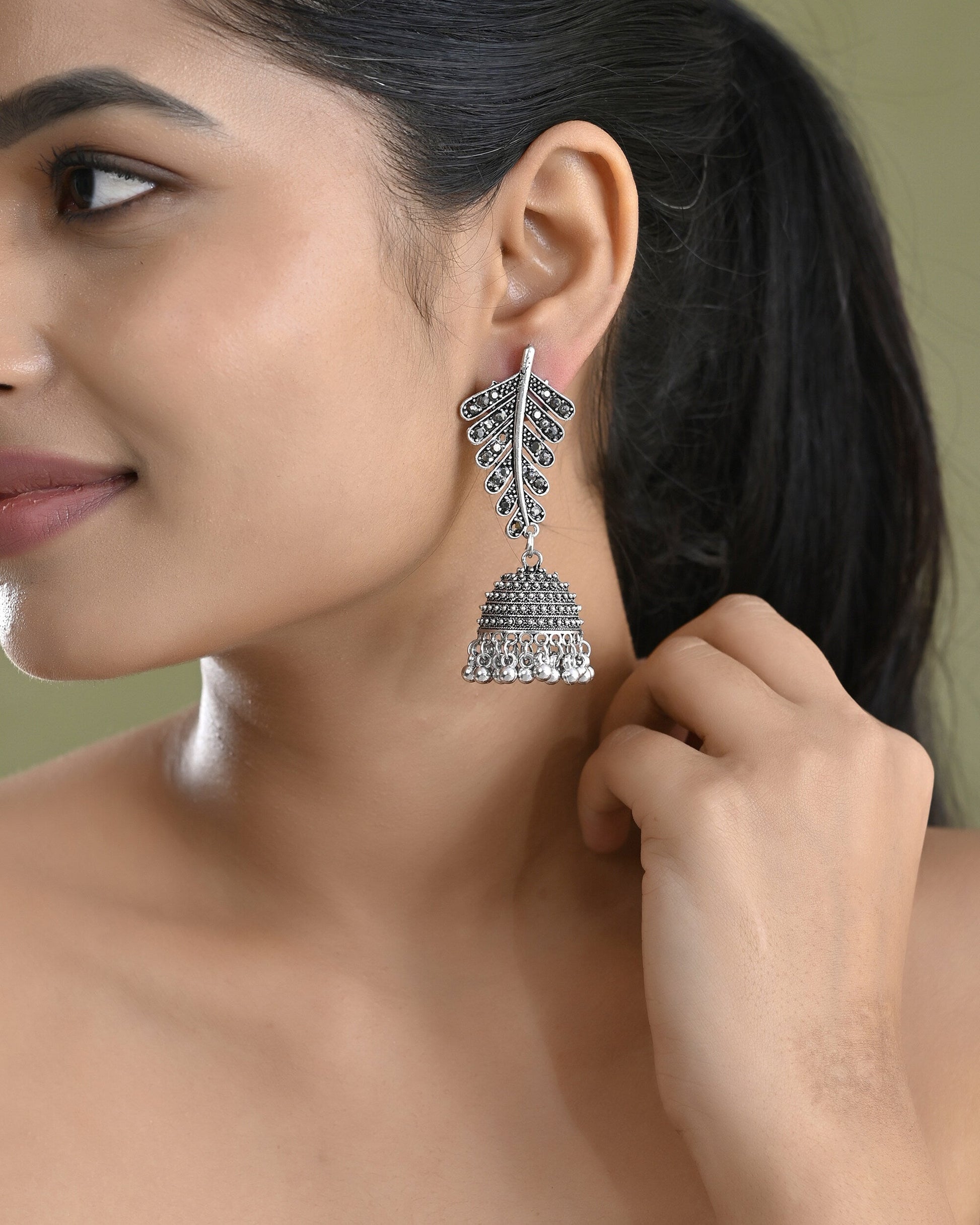 VOJ Silver Plated Oxidized Stone Studded Leaf Shaped Long Earrings - Swadesiicart