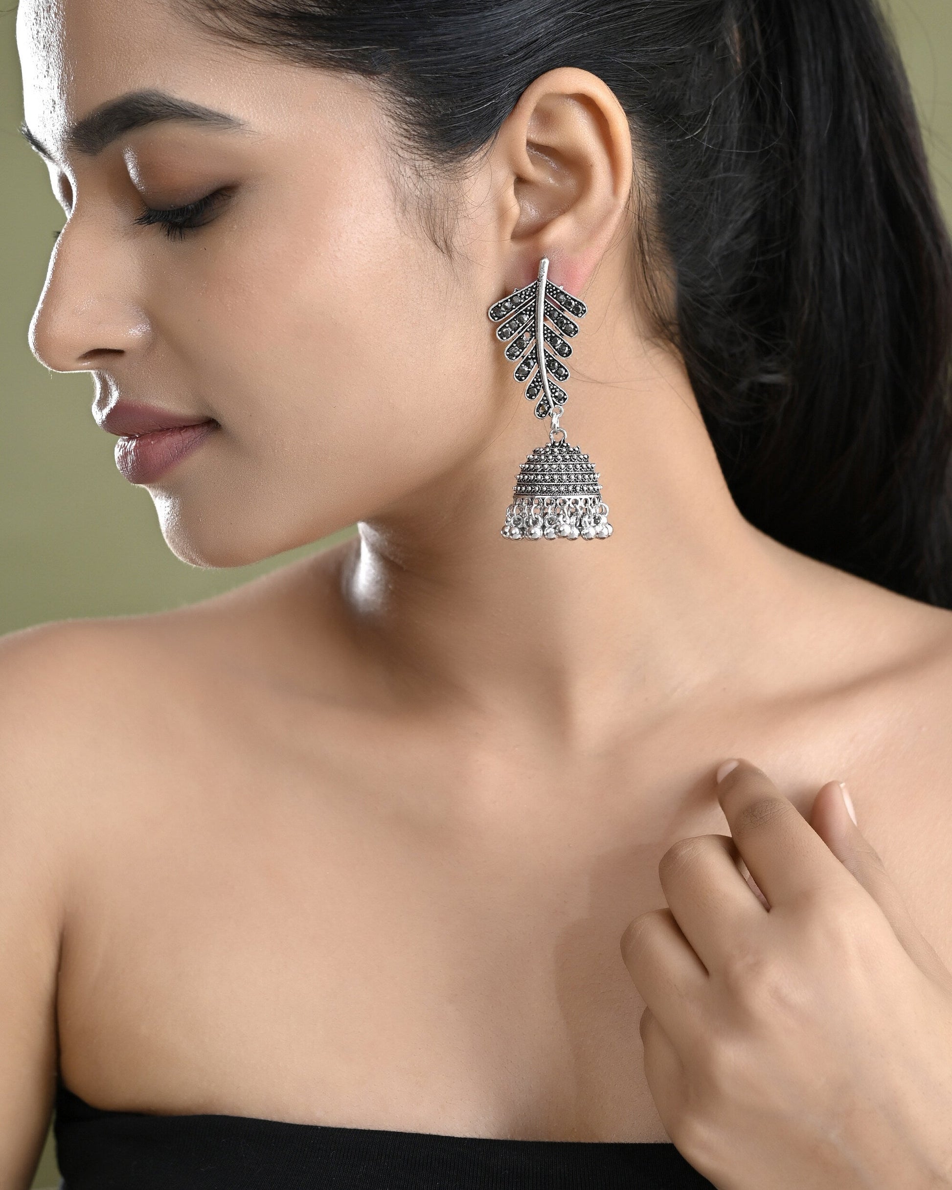 VOJ Silver Plated Oxidized Stone Studded Leaf Shaped Long Earrings - Swadesiicart