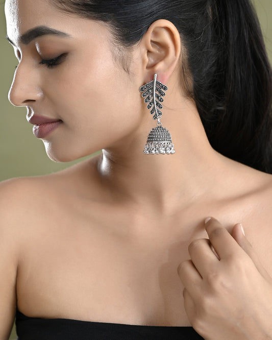 VOJ Silver Plated Oxidized Stone Studded Leaf Shaped Long Earrings - Swadesiicart