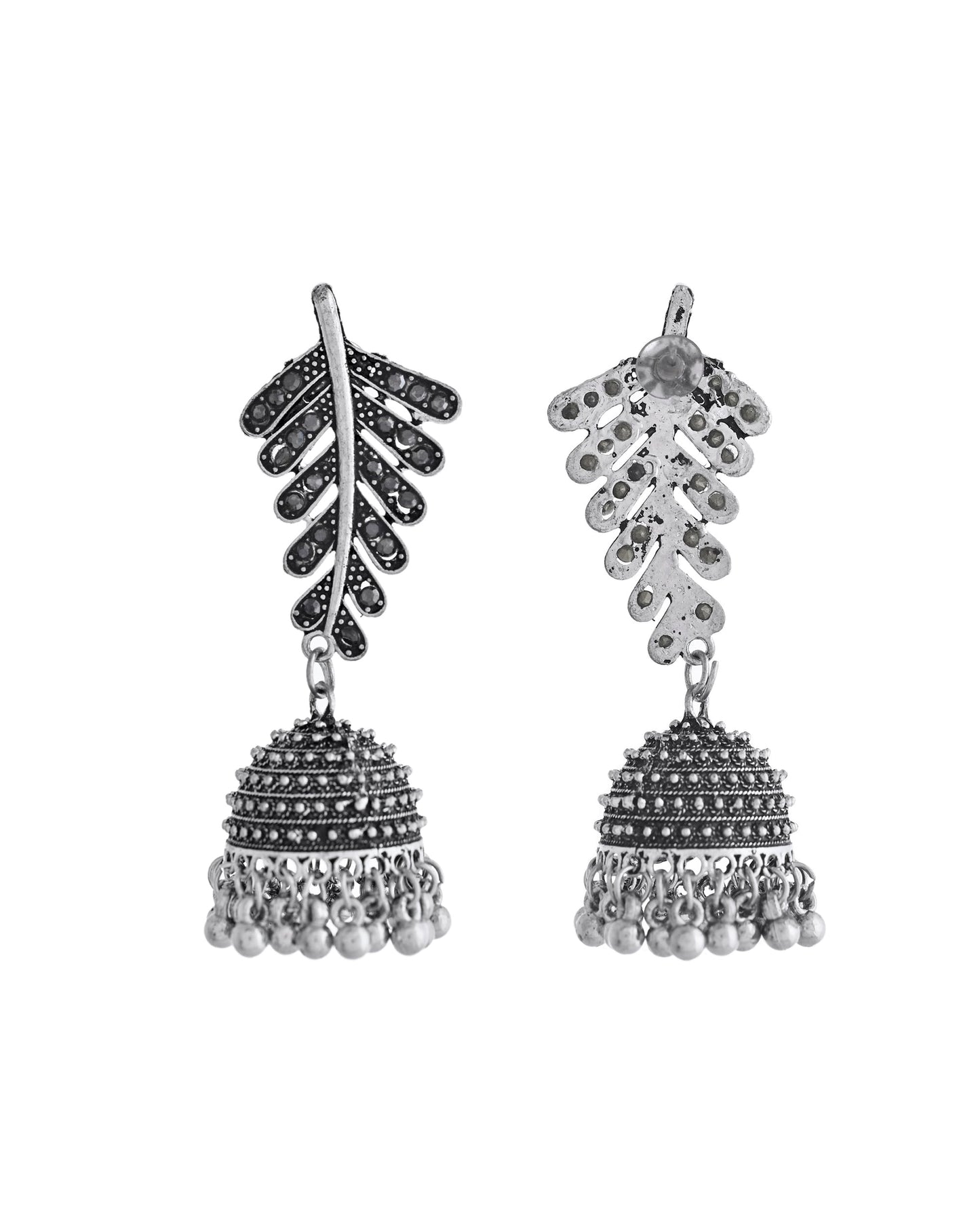 VOJ Silver Plated Oxidized Stone Studded Leaf Shaped Long Earrings - Swadesiicart