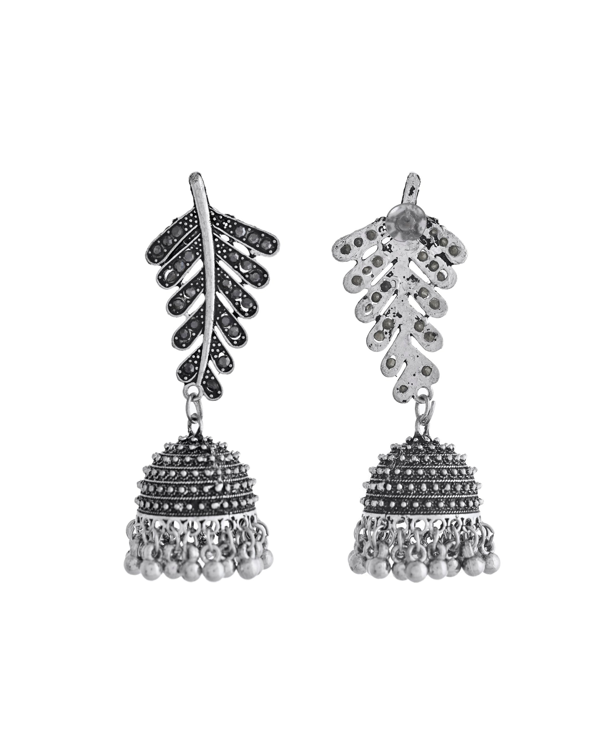 VOJ Silver Plated Oxidized Stone Studded Leaf Shaped Long Earrings - Swadesiicart