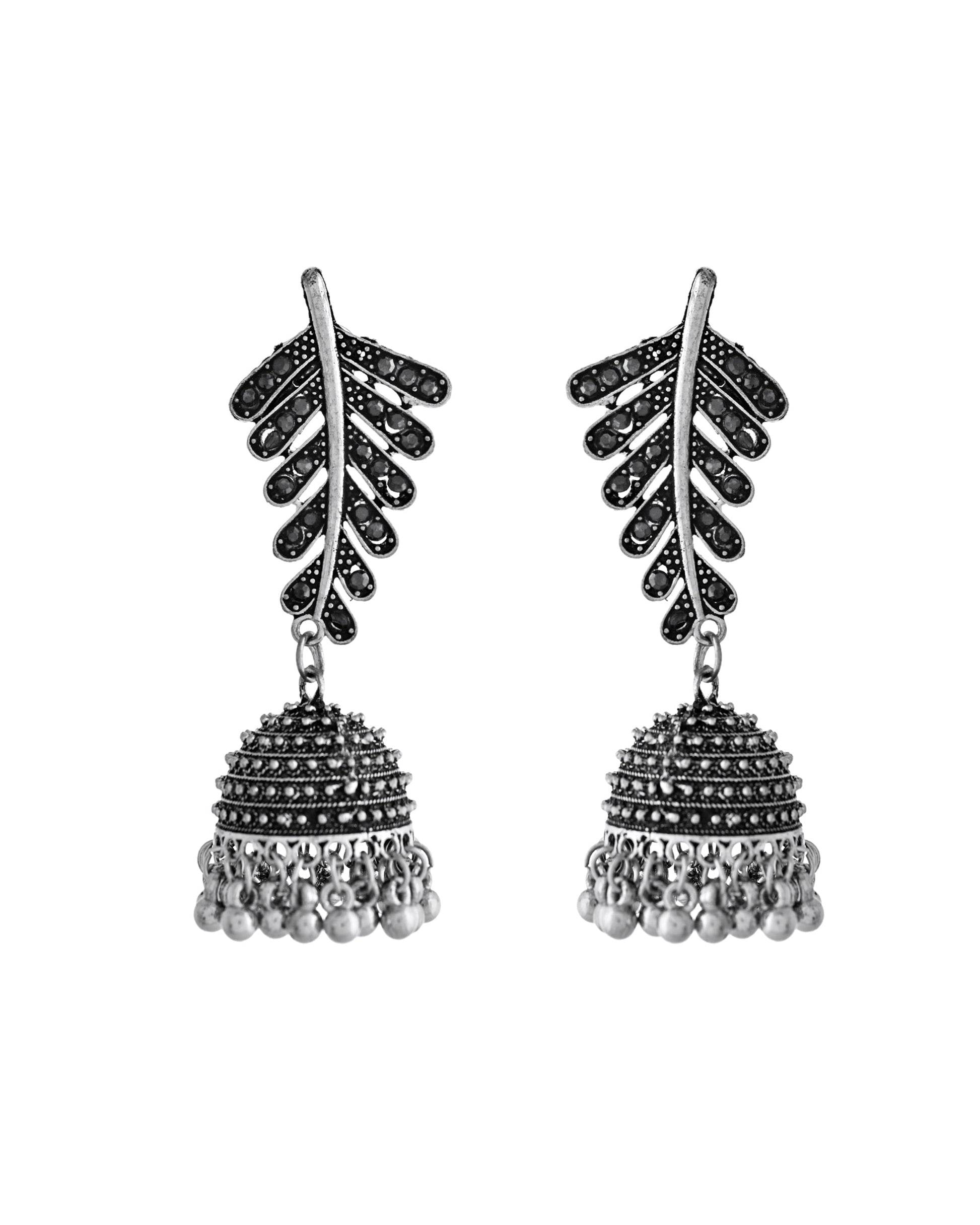 VOJ Silver Plated Oxidized Stone Studded Leaf Shaped Long Earrings - Swadesiicart