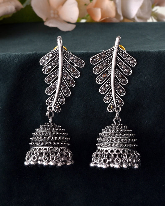 VOJ Silver Plated Oxidized Stone Studded Leaf Shaped Long Earrings - Swadesiicart