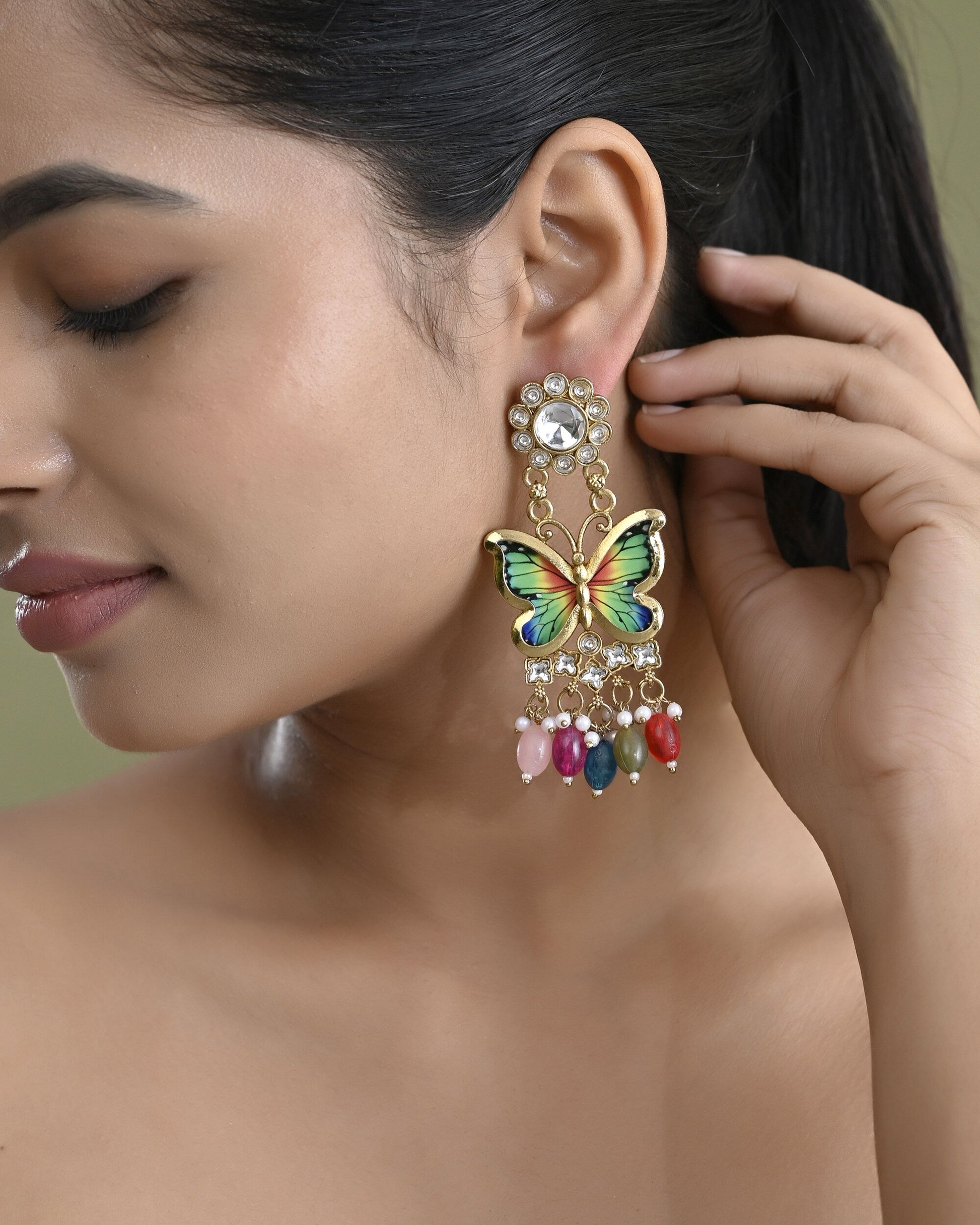 VOJ Gold Toned Multi colour Butterfly Shaped Long Earrings - Swadesiicart