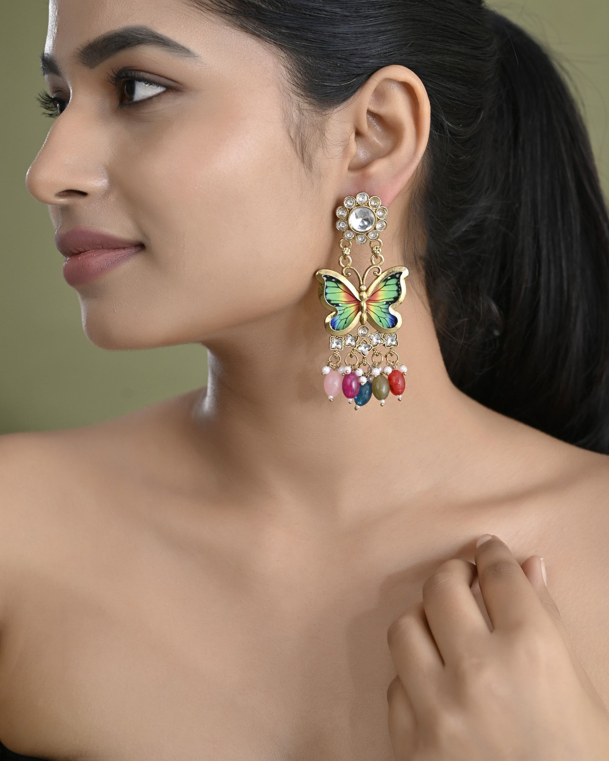 VOJ Gold Toned Multi colour Butterfly Shaped Long Earrings - Swadesiicart