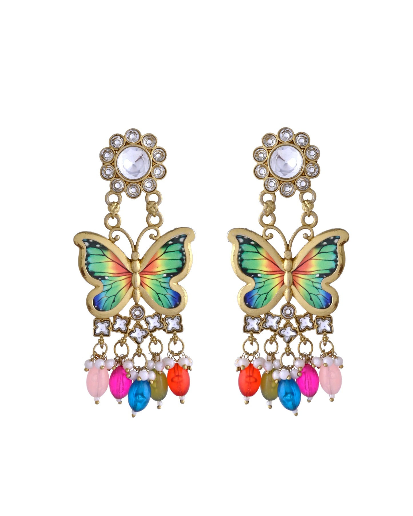 VOJ Gold Toned Multi colour Butterfly Shaped Long Earrings - Swadesiicart