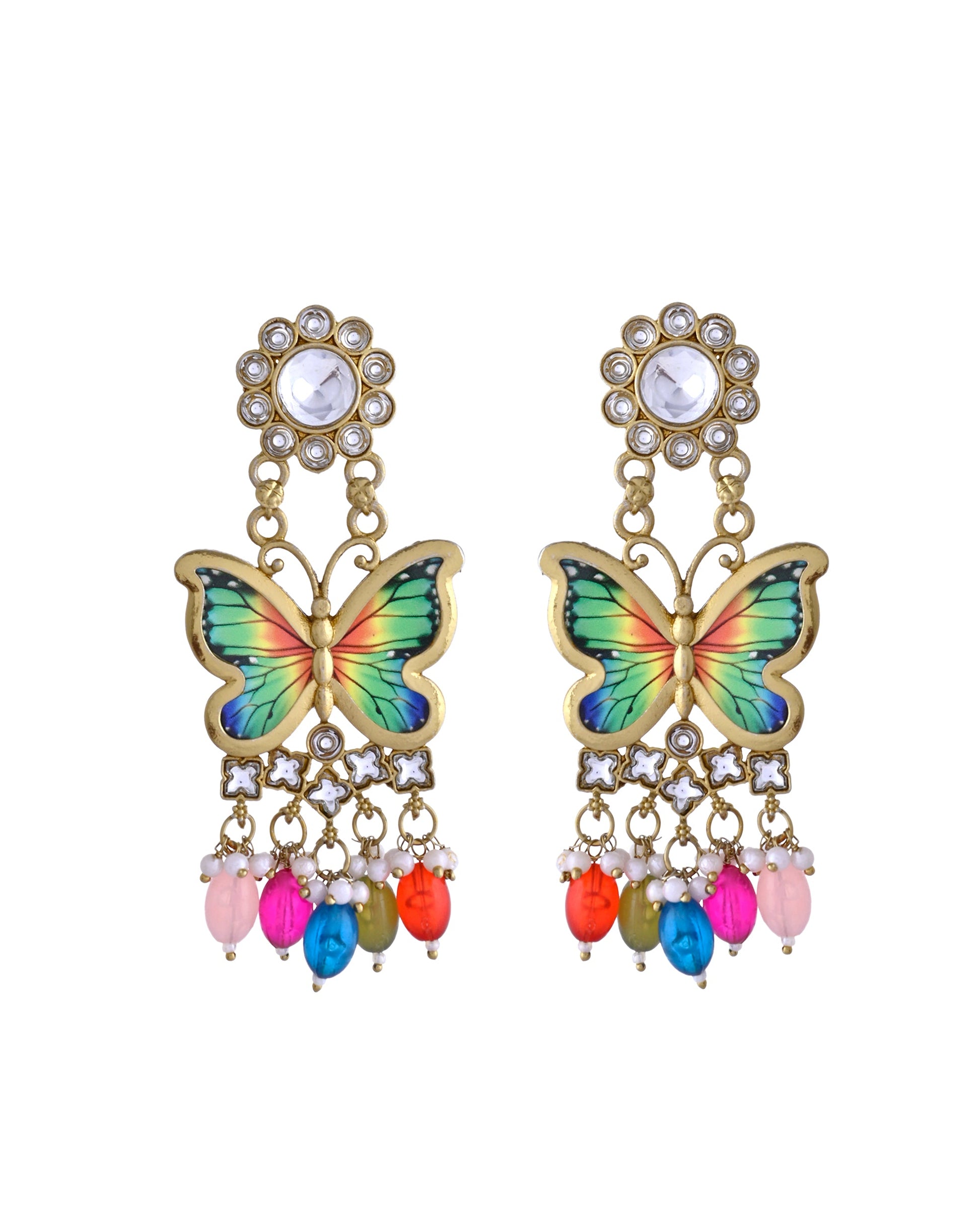 VOJ Gold Toned Multi colour Butterfly Shaped Long Earrings - Swadesiicart