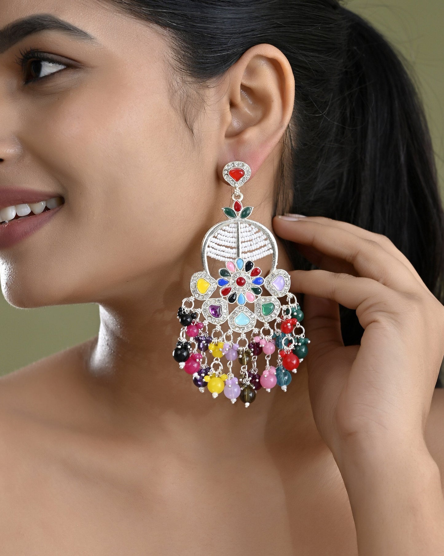 VOJ Multi Colour Beaded Long Chanbali Earrings - Swadesiicart