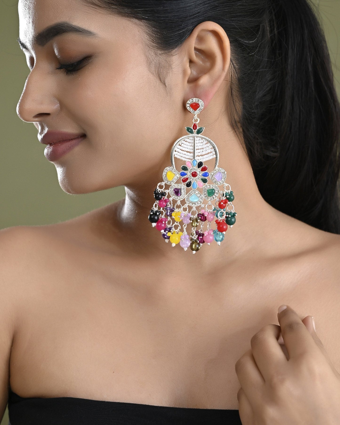 VOJ Multi Colour Beaded Long Chanbali Earrings - Swadesiicart