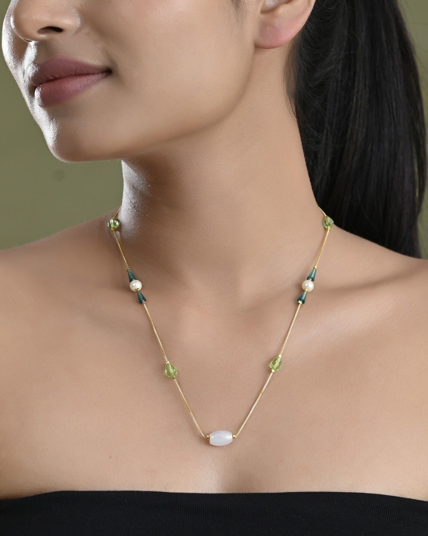 VOJ Gold-Polished Green Beaded Chain For Women | Swadesiicart