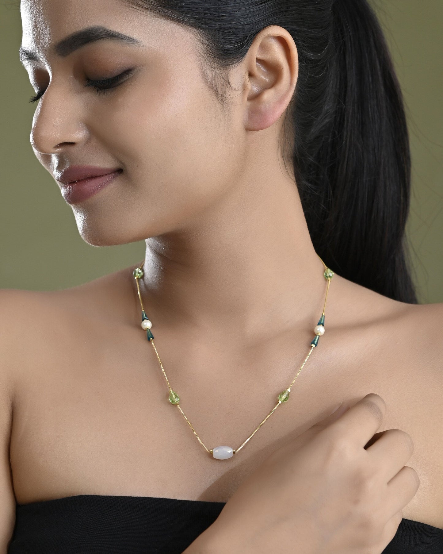 VOJ Gold-Polished Green Beaded Chain For Women | Swadesiicart