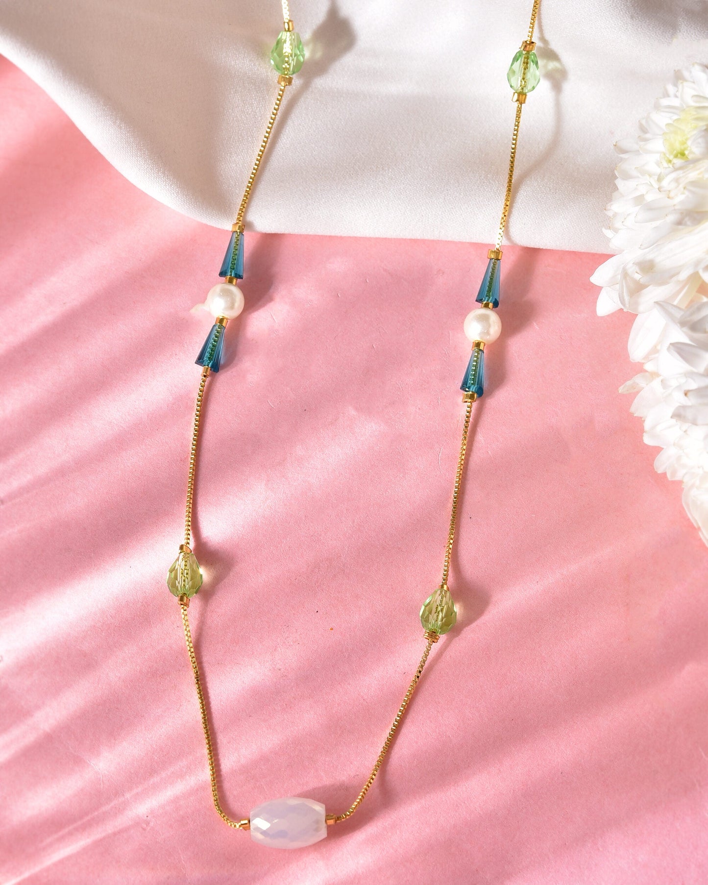 VOJ Gold-Polished Green Beaded Chain For Women | Swadesiicart