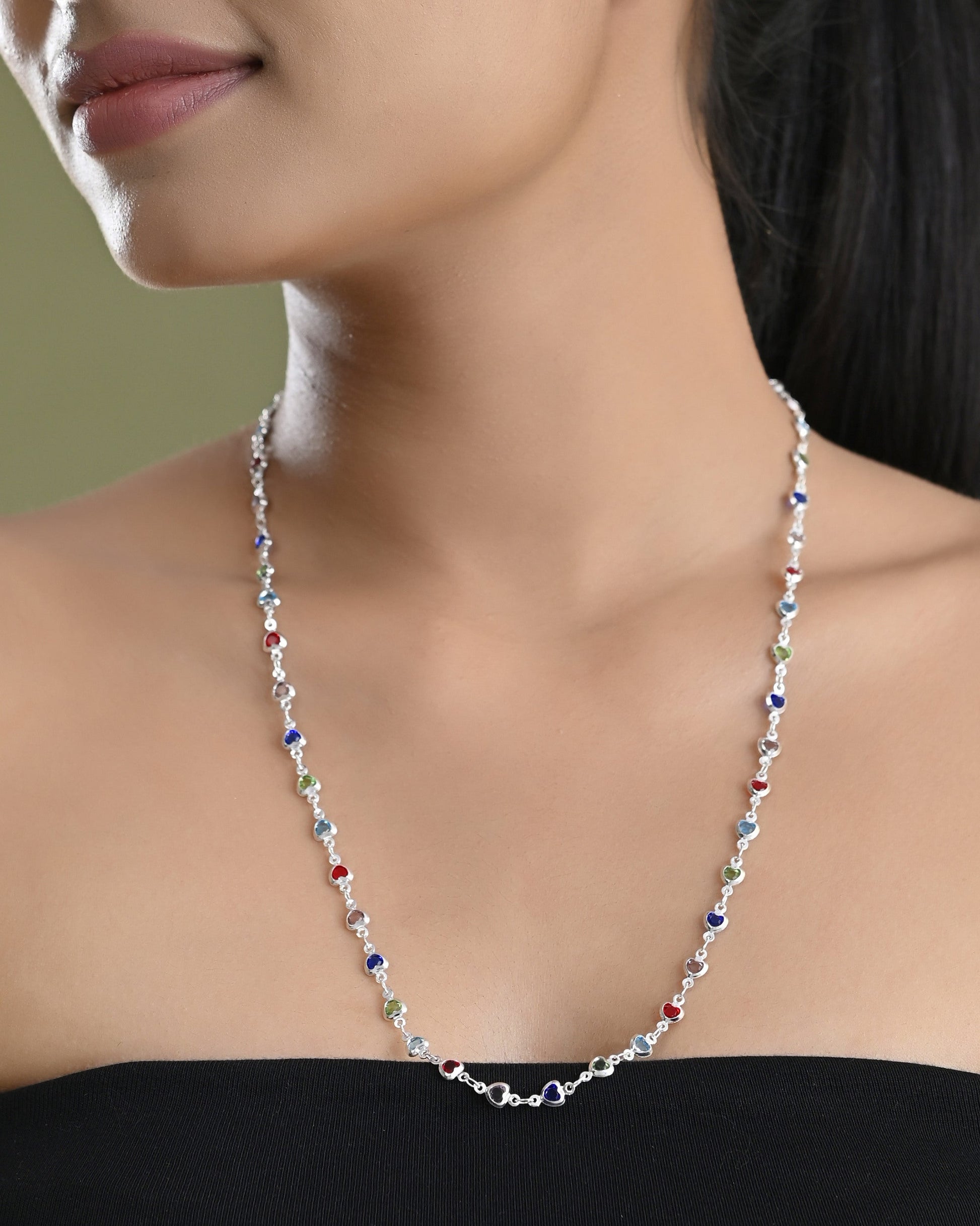 VOJ Silver Plated Multi Colour Stone Heart Shape Chain | Swadesiicart
