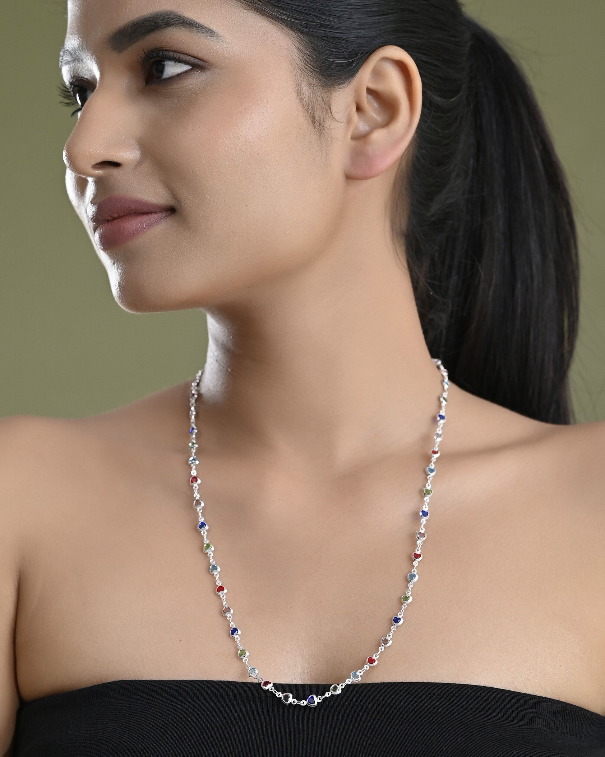 VOJ Silver Plated Multi Colour Stone Heart Shape Chain | Swadesiicart