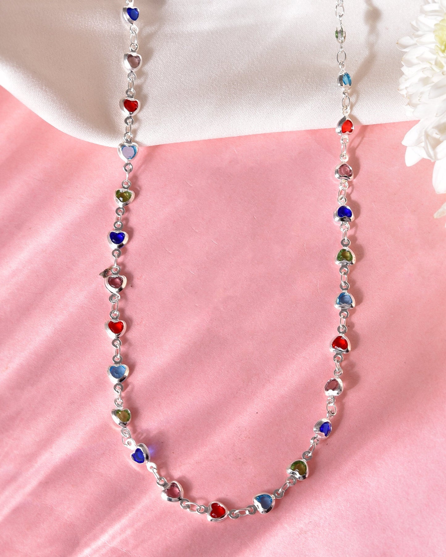 VOJ Silver Plated Multi Colour Stone Heart Shape Chain | Swadesiicart