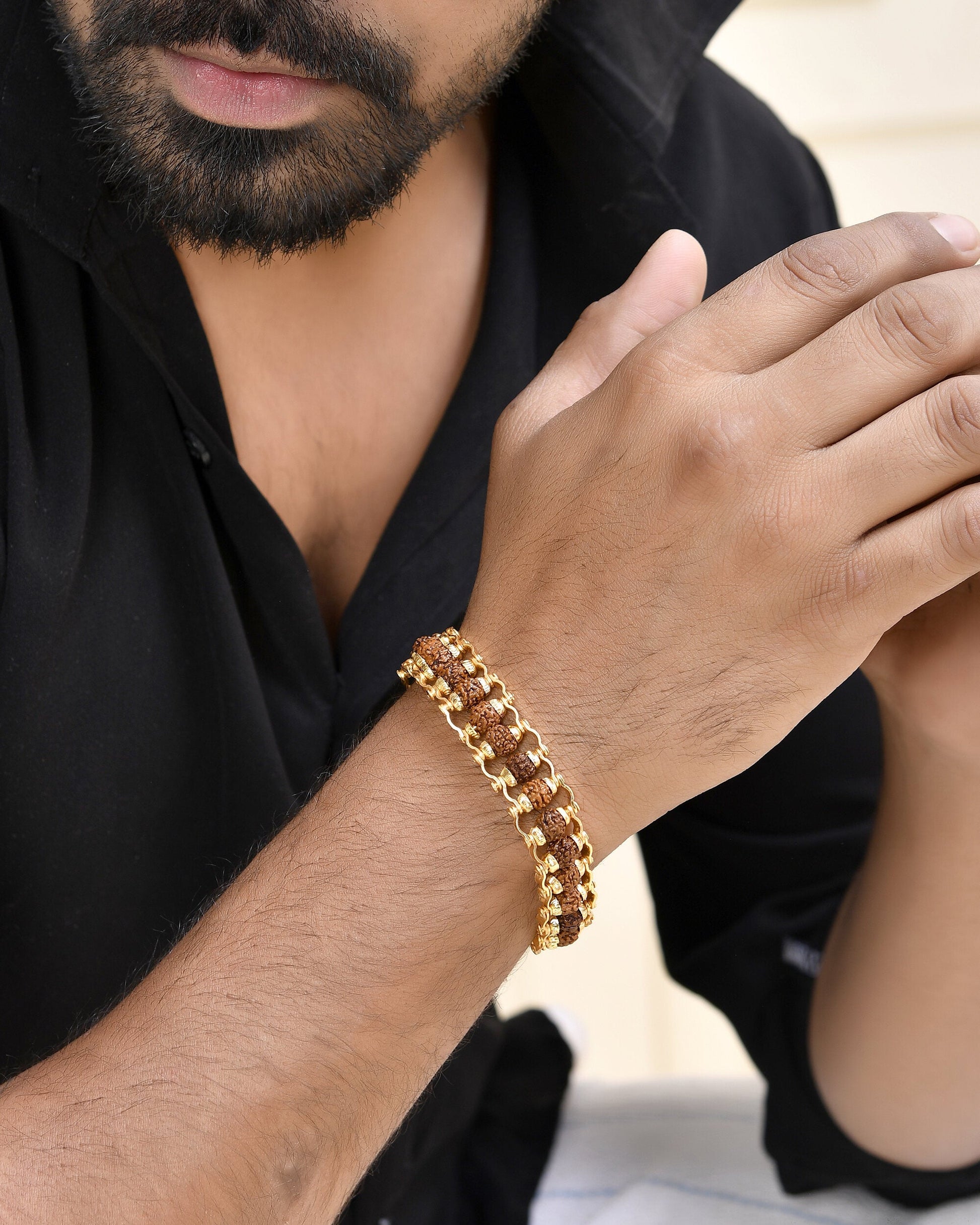 VOJ Gold-Polished Rudraksha Men's Bracelet - Swadesiicart