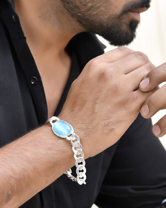 VOJ Silver Plated Blue Stone Men's Bracelet - Swadesiicart