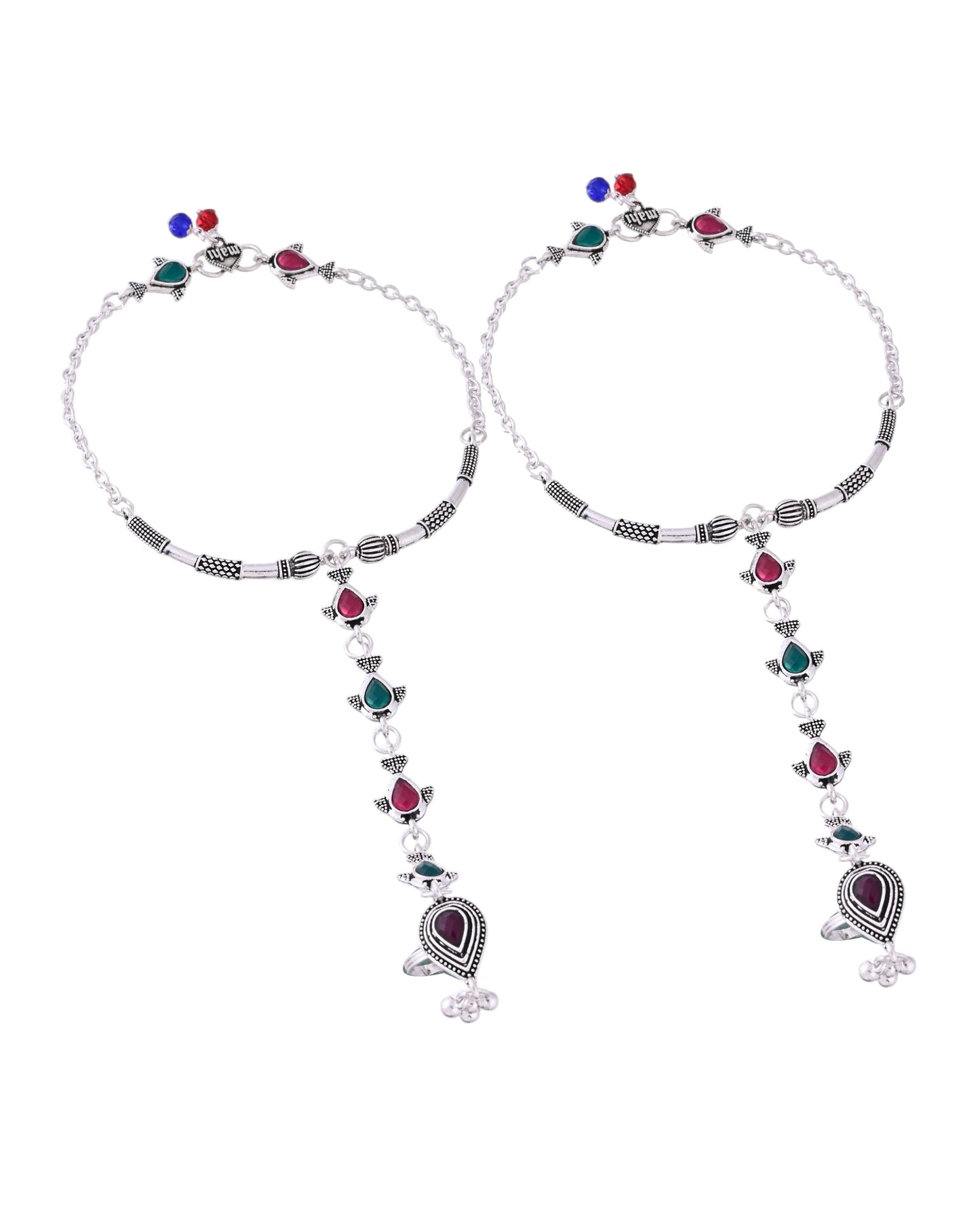 VOJ Set of 2 Silver Toned Meenakari Anklet With Toe Ring - Swadesiicart