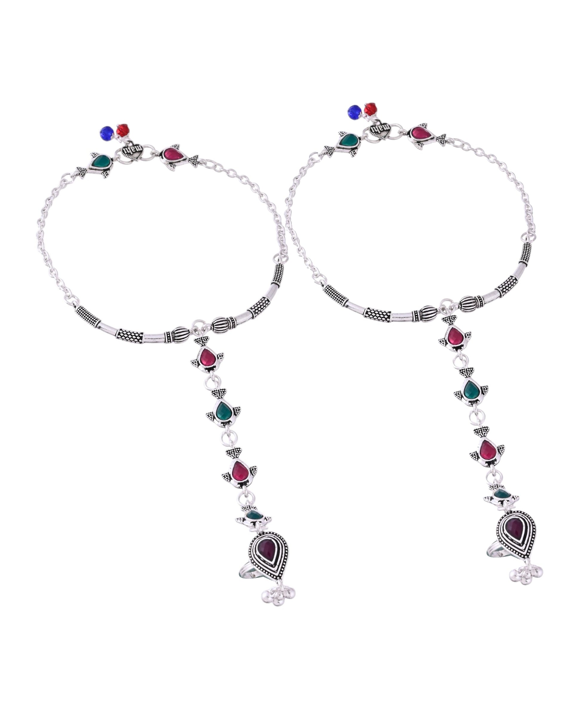 VOJ Set of 2 Silver Toned Meenakari Anklet With Toe Ring - Swadesiicart