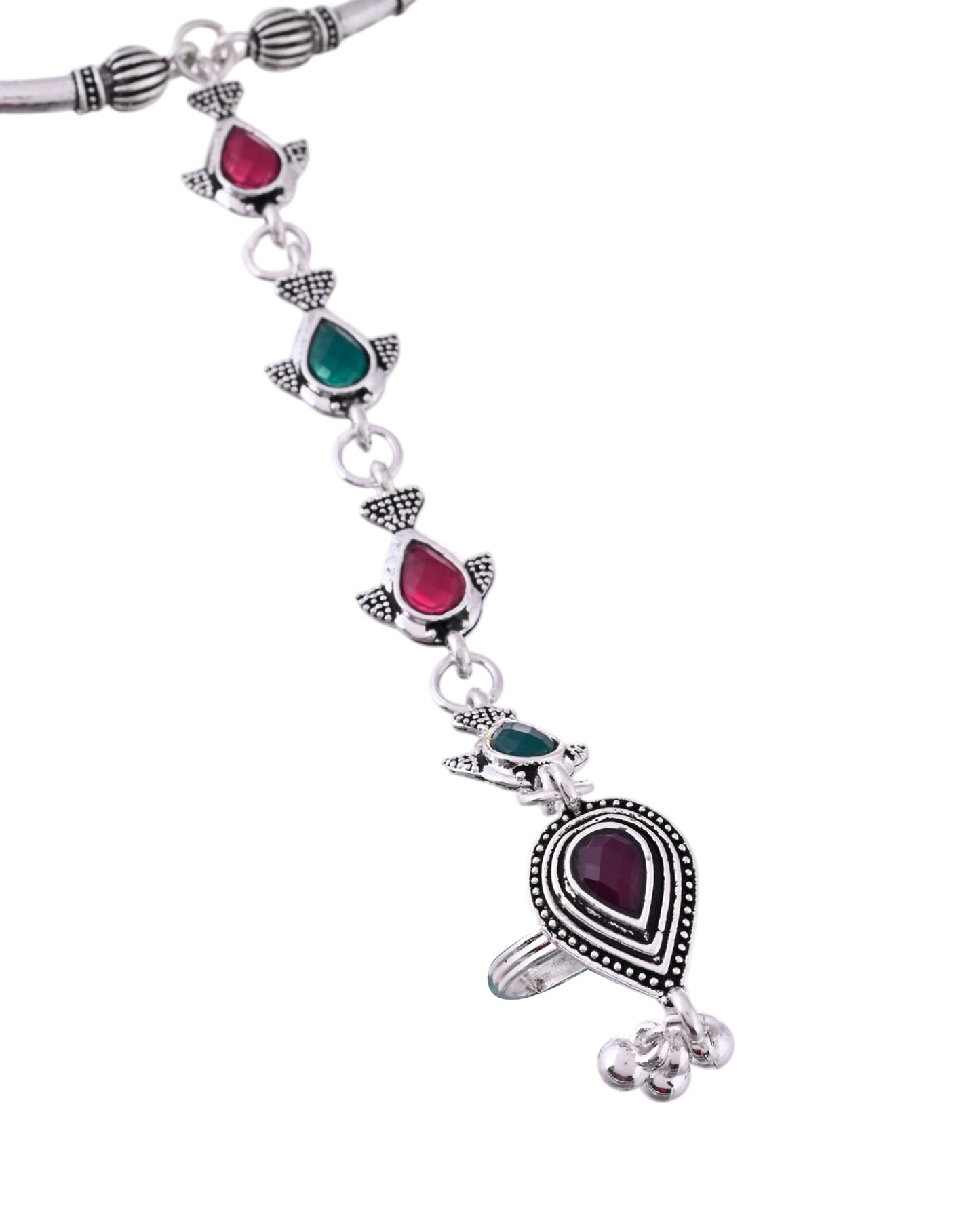 VOJ Set of 2 Silver Toned Meenakari Anklet With Toe Ring - Swadesiicart