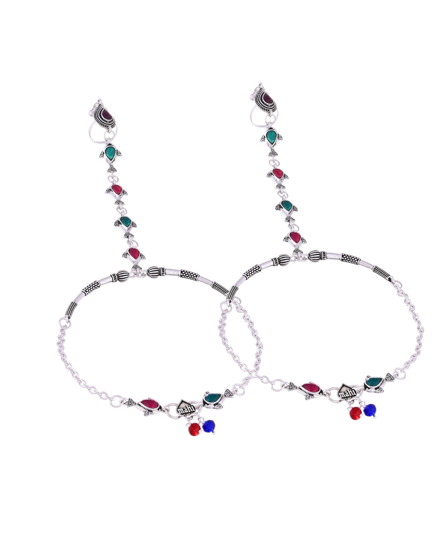VOJ Set of 2 Silver Toned Meenakari Anklet With Toe Ring - Swadesiicart