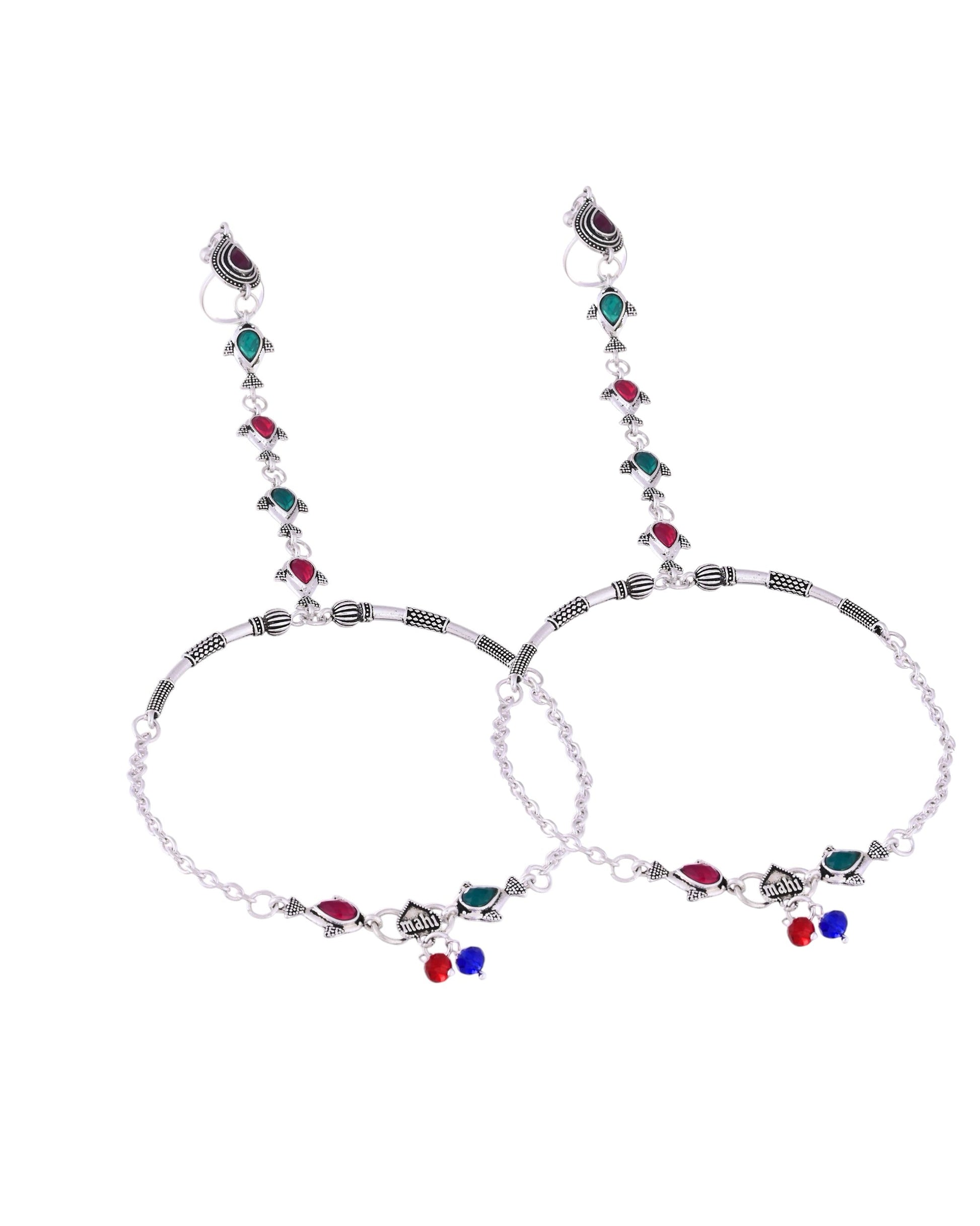 VOJ Set of 2 Silver Toned Meenakari Anklet With Toe Ring - Swadesiicart