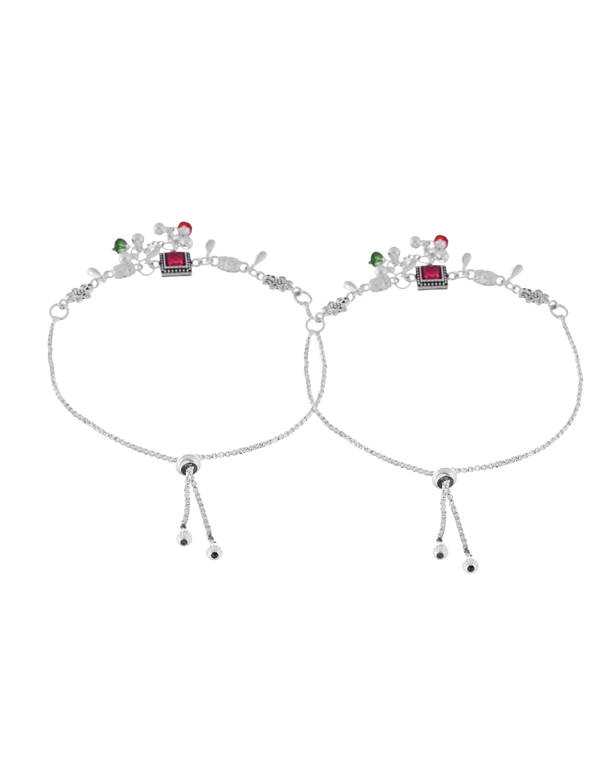 VOJ Set of 2 Silver Plated With Beads Anklet - Swadesiicart