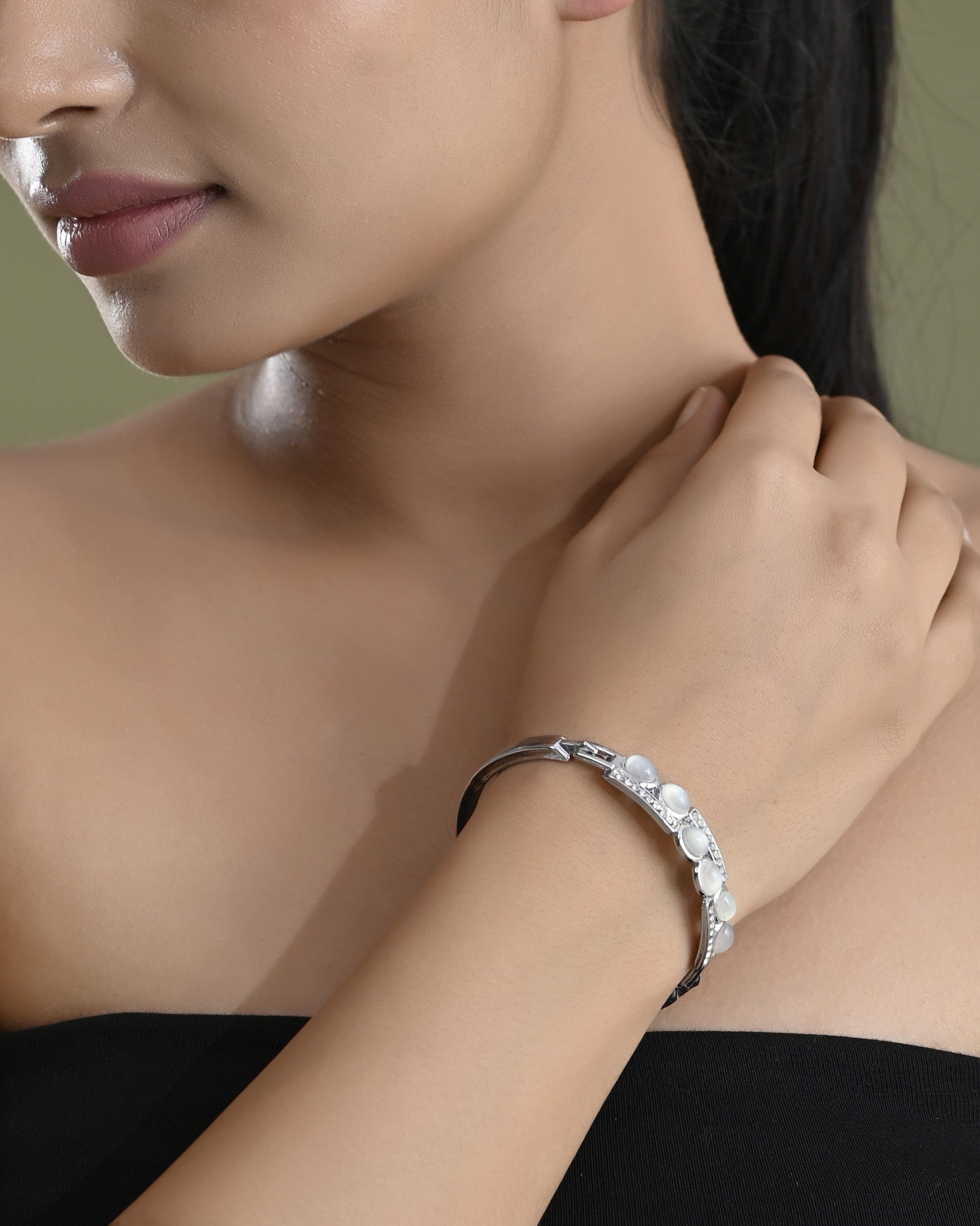 VOJ Silver Plated Stone Studded Kada Bracelet - Swadesiicart