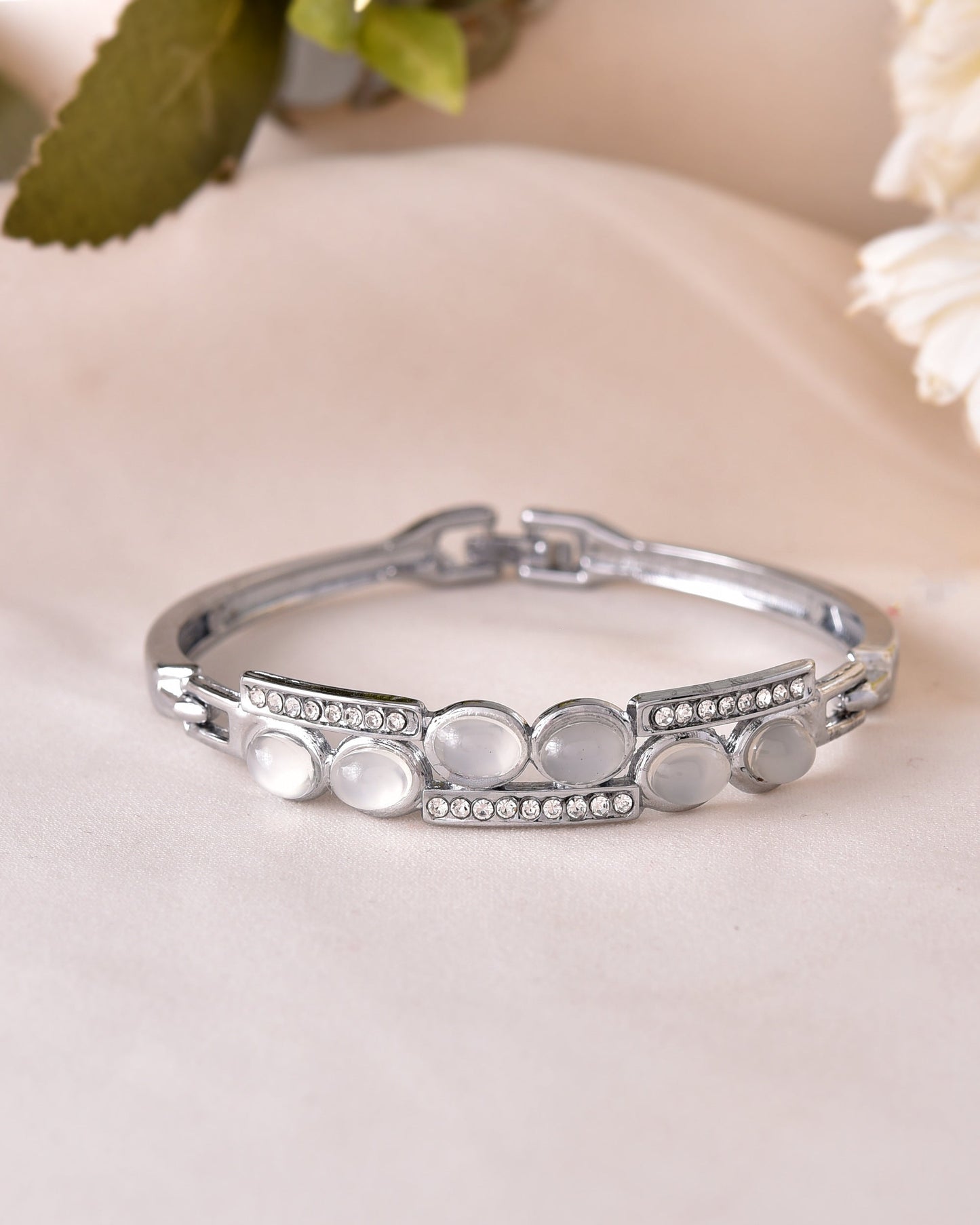 VOJ Silver Plated Stone Studded Kada Bracelet - Swadesiicart