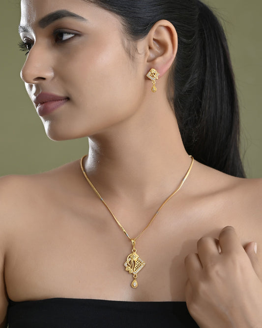 VOJ Gold-Polished AD Stone Studded Geometrical Design Chain Set | Swadesiicart