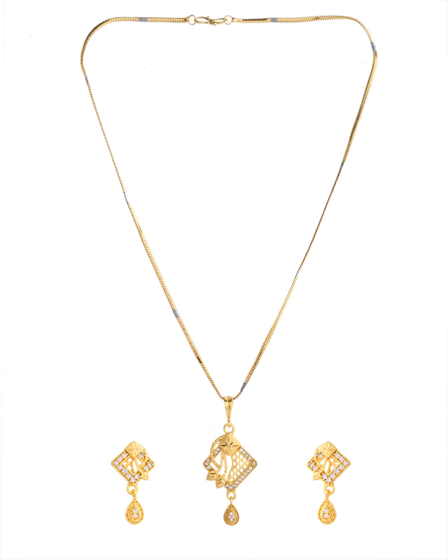VOJ Gold-Polished AD Stone Studded Geometrical Design Chain Set | Swadesiicart