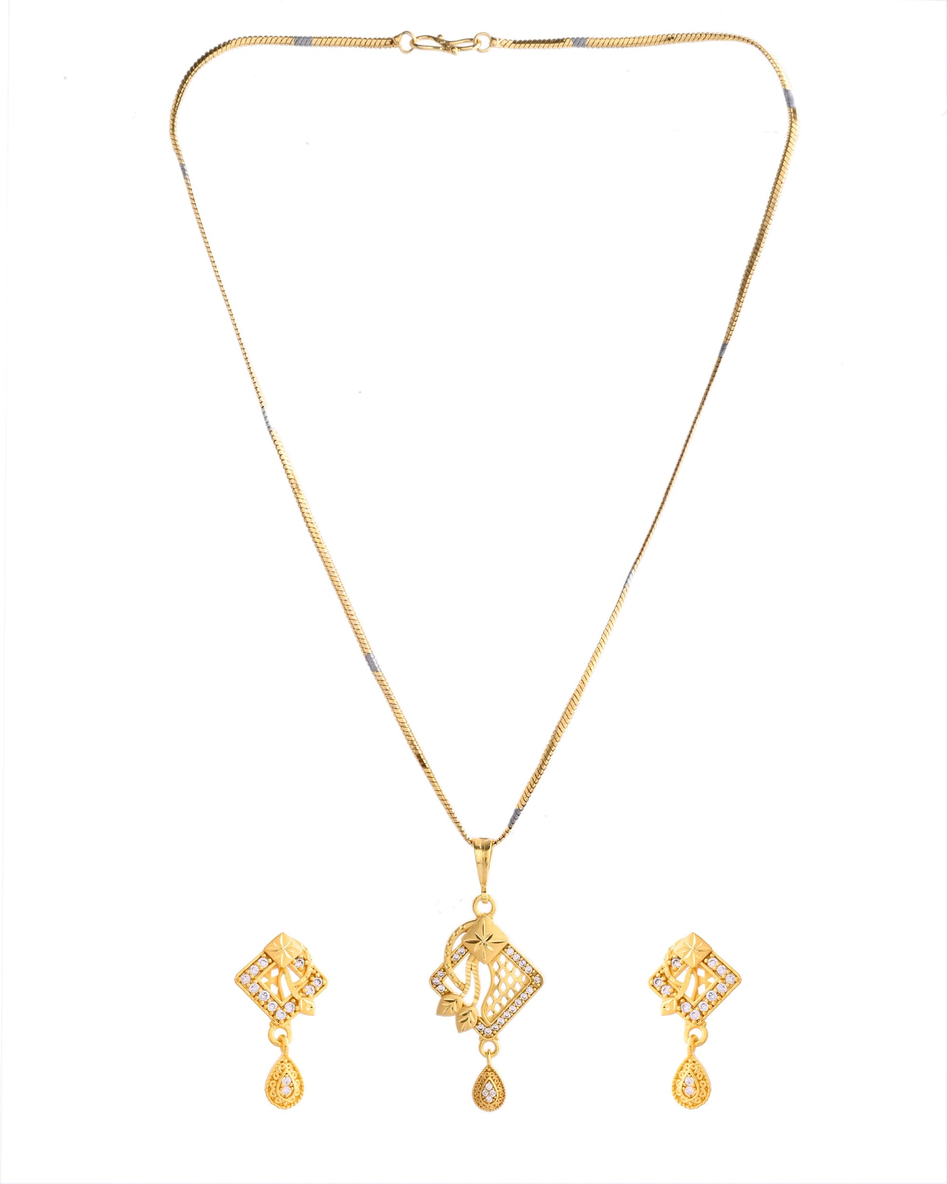VOJ Gold-Polished AD Stone Studded Geometrical Design Chain Set | Swadesiicart