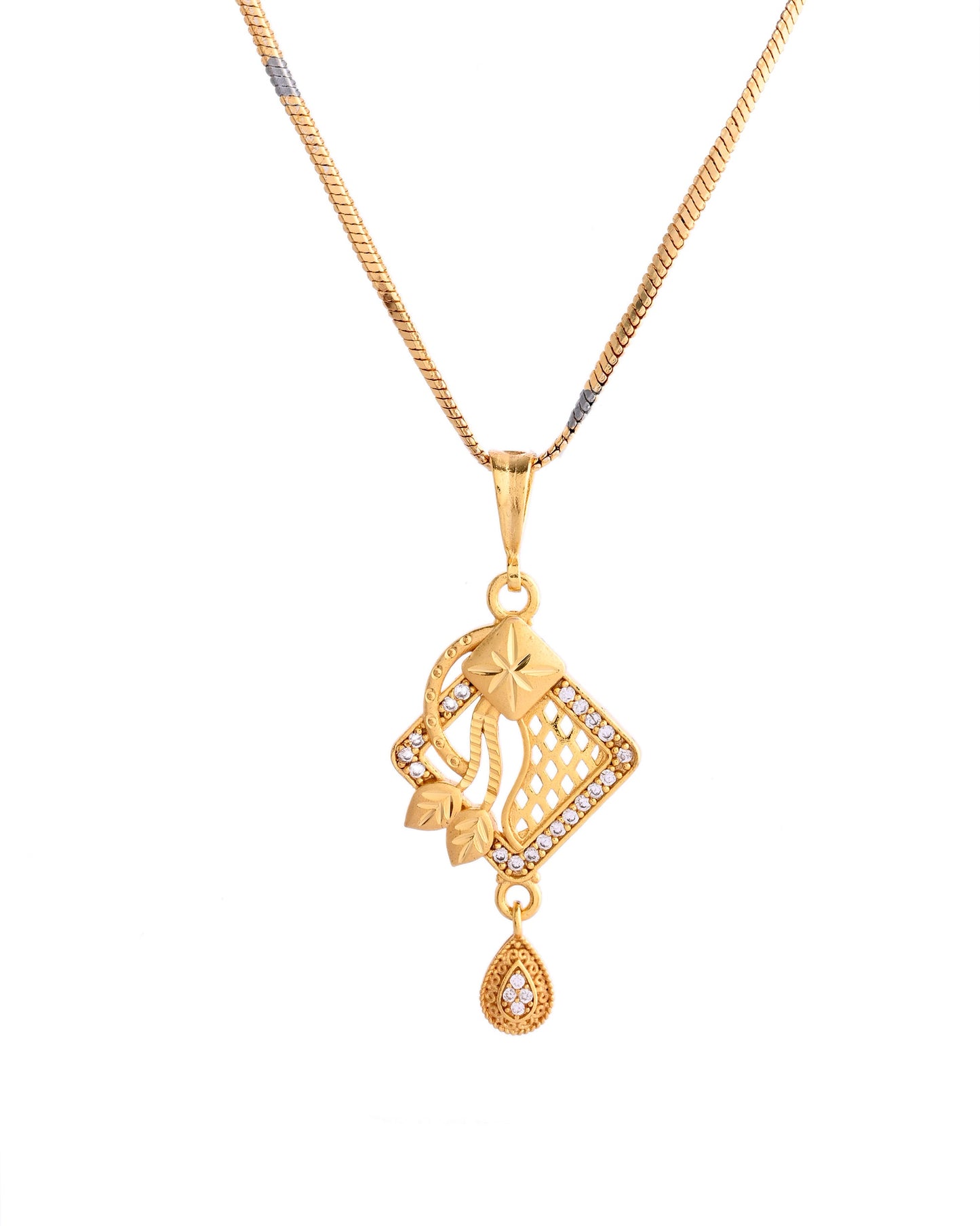 VOJ Gold-Polished AD Stone Studded Geometrical Design Chain Set | Swadesiicart