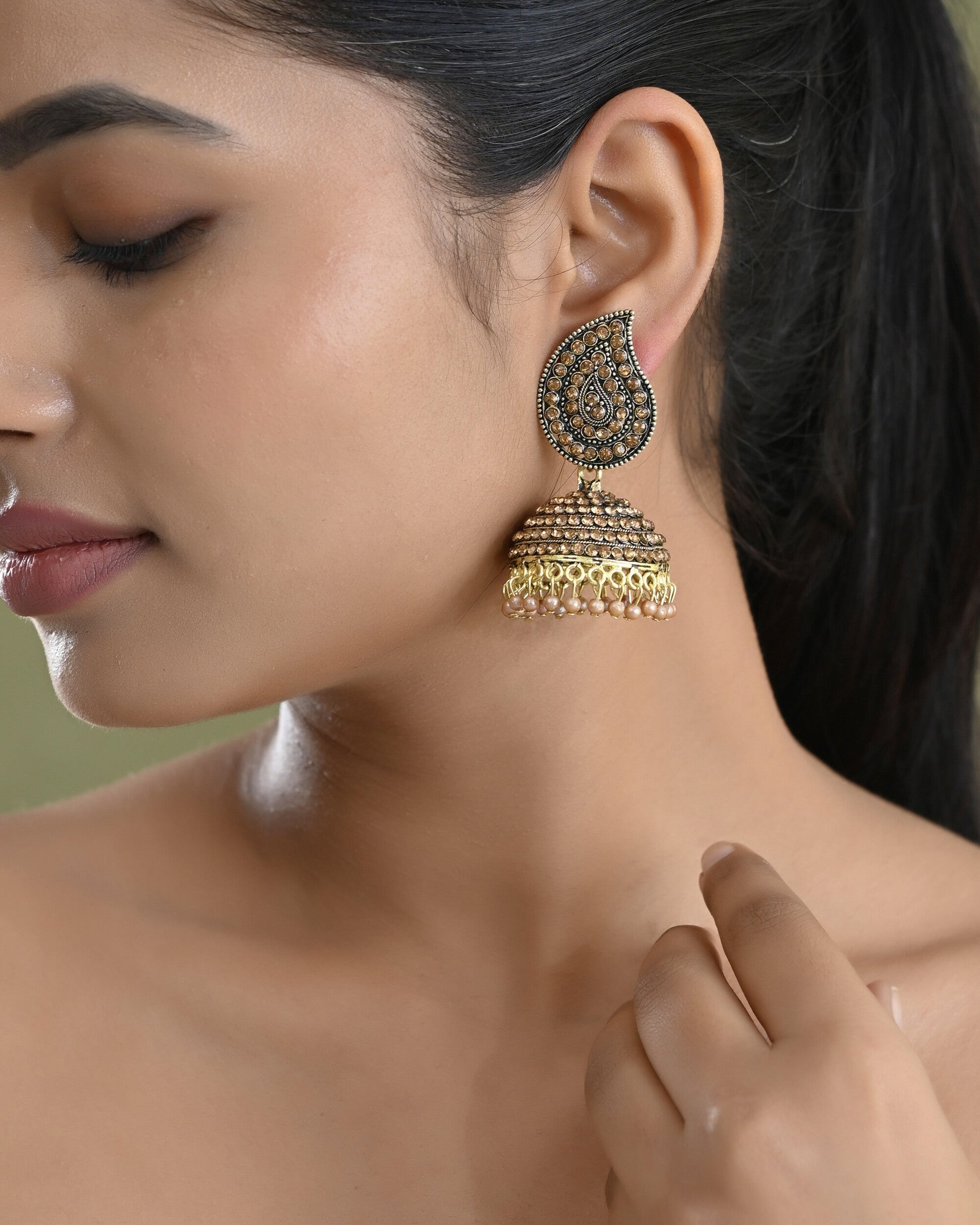 VOJ Gold Toned Stone Studded Done Shaped Jhumka Earrings - Swadesiicart