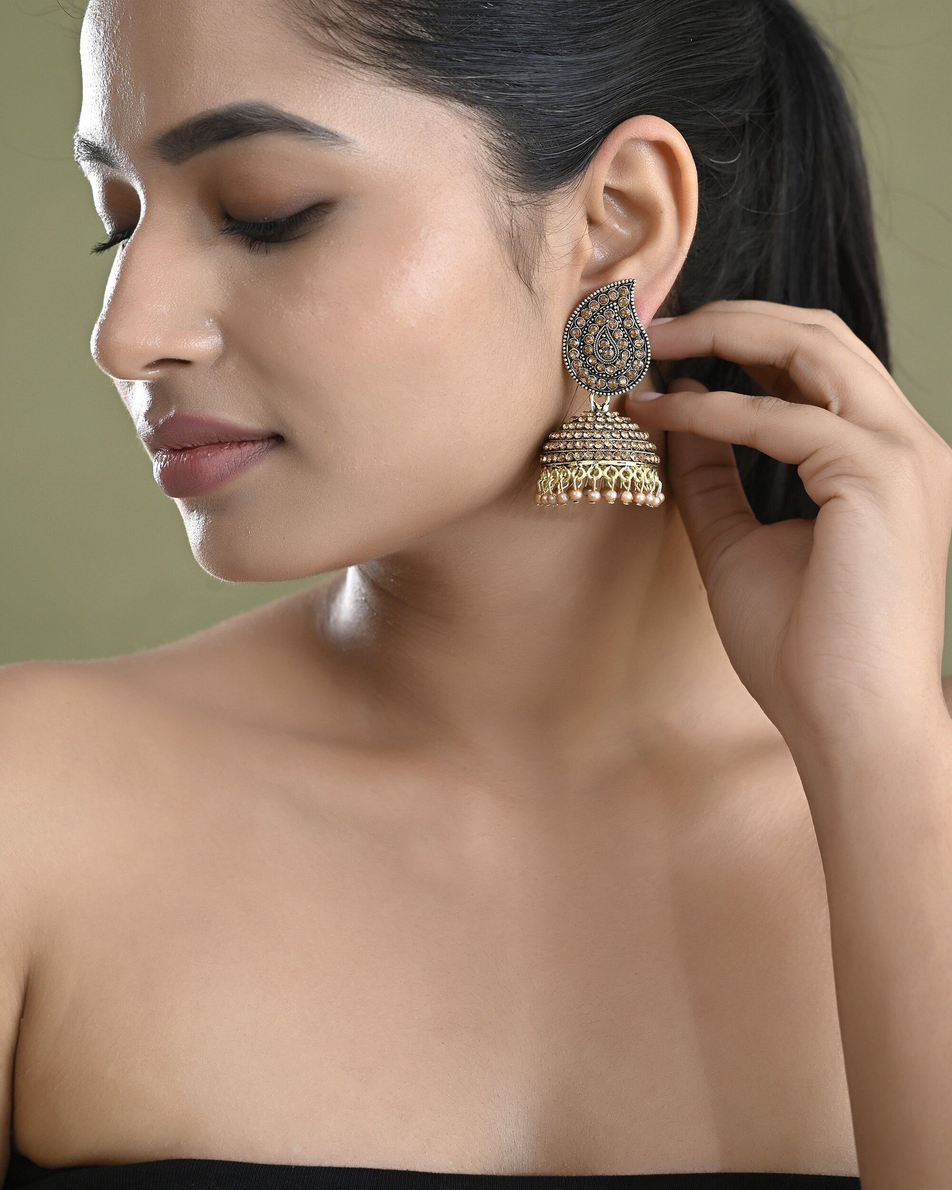 VOJ Gold Toned Stone Studded Done Shaped Jhumka Earrings - Swadesiicart