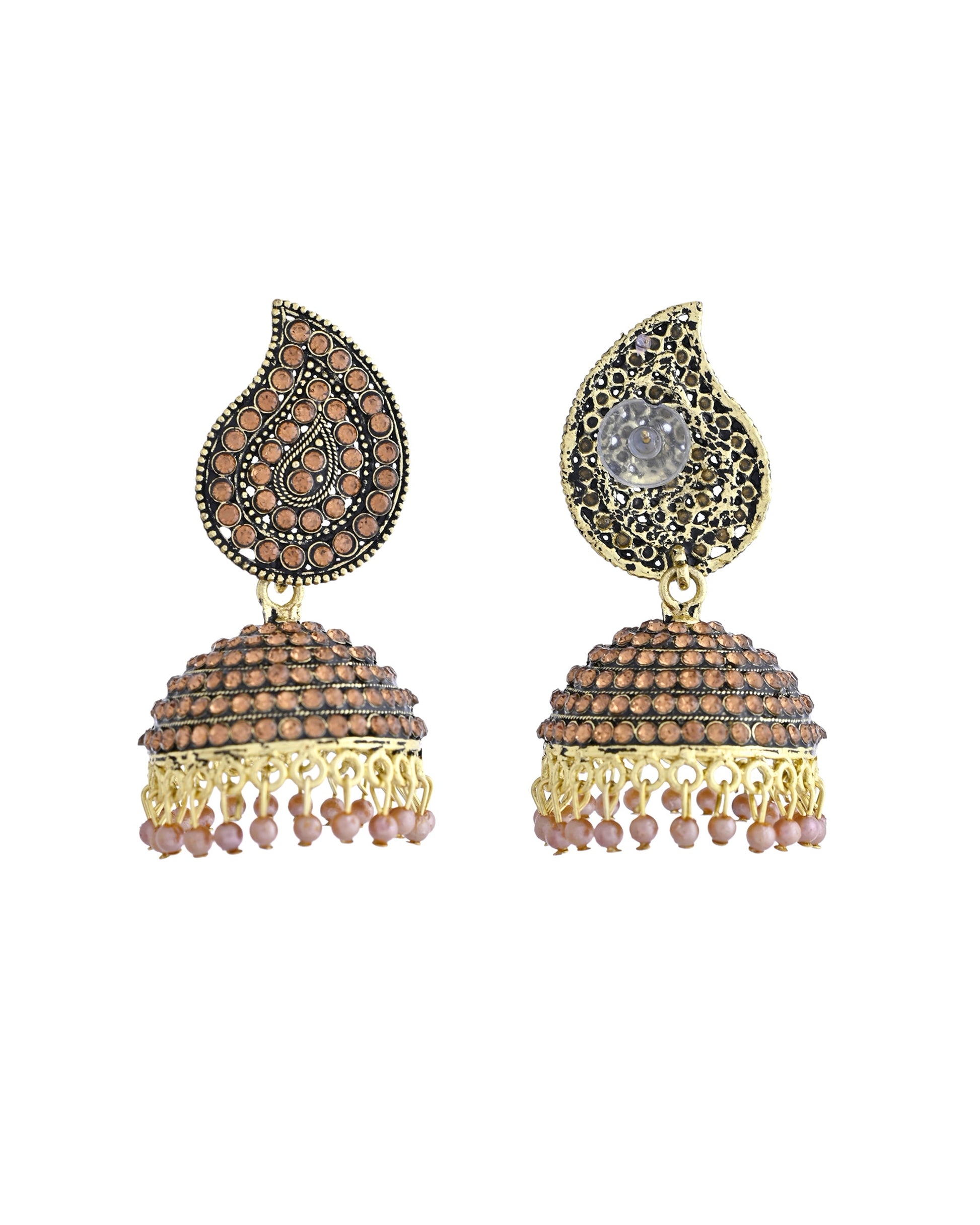 VOJ Gold Toned Stone Studded Done Shaped Jhumka Earrings - Swadesiicart