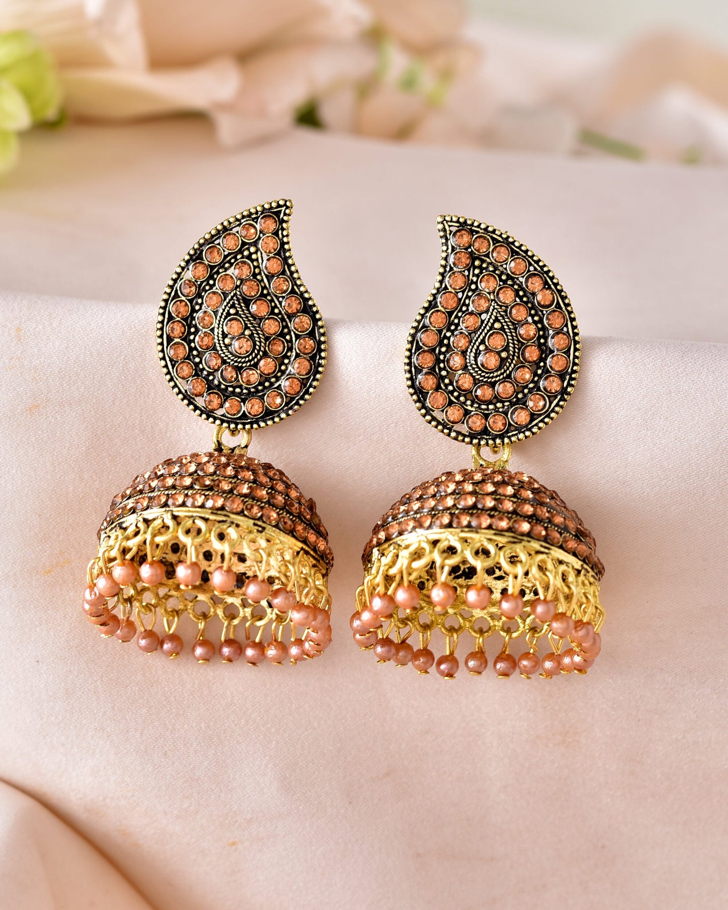 VOJ Gold Toned Stone Studded Done Shaped Jhumka Earrings - Swadesiicart
