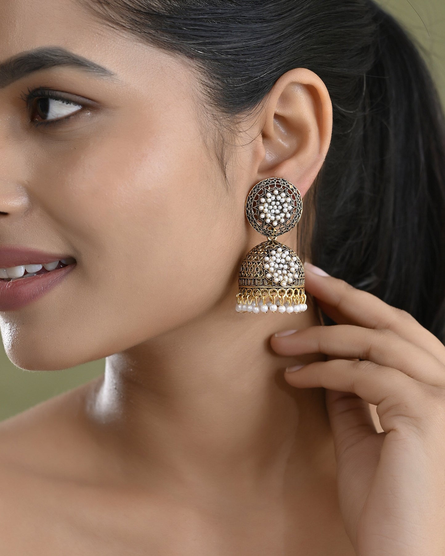 VOJ Gold Toned Stone Studded Done Shaped With Pearl Jhumka Earrings - Swadesiicart