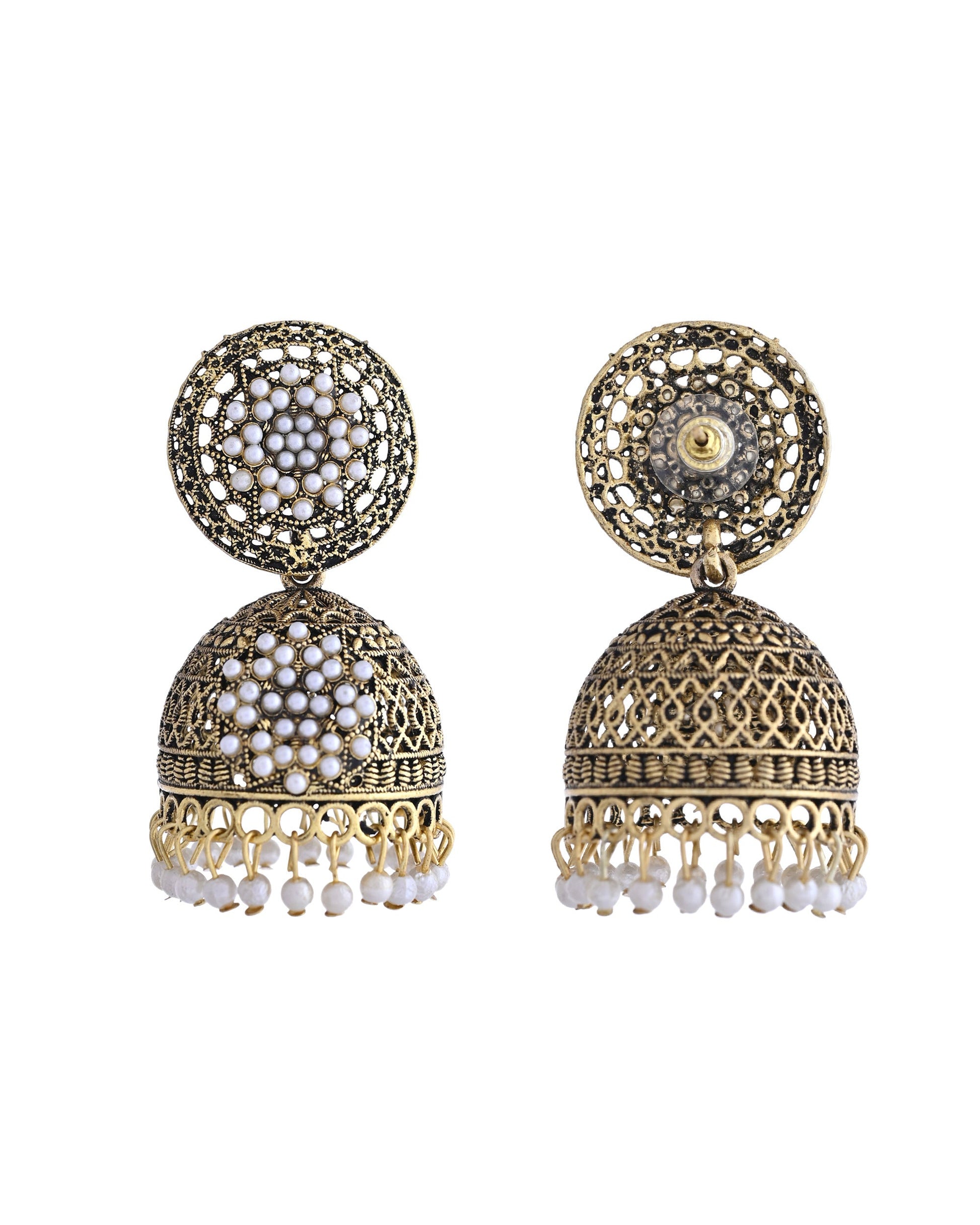VOJ Gold Toned Stone Studded Done Shaped With Pearl Jhumka Earrings - Swadesiicart
