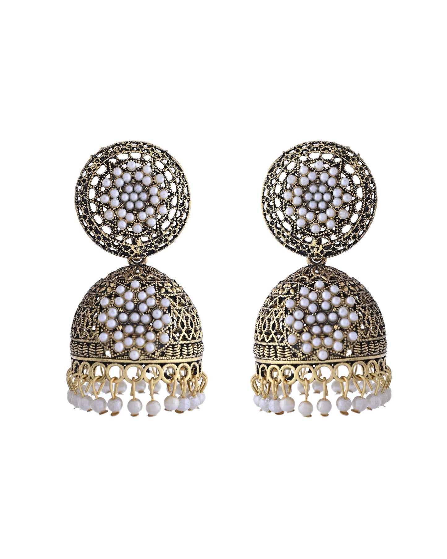 VOJ Gold Toned Stone Studded Done Shaped With Pearl Jhumka Earrings - Swadesiicart