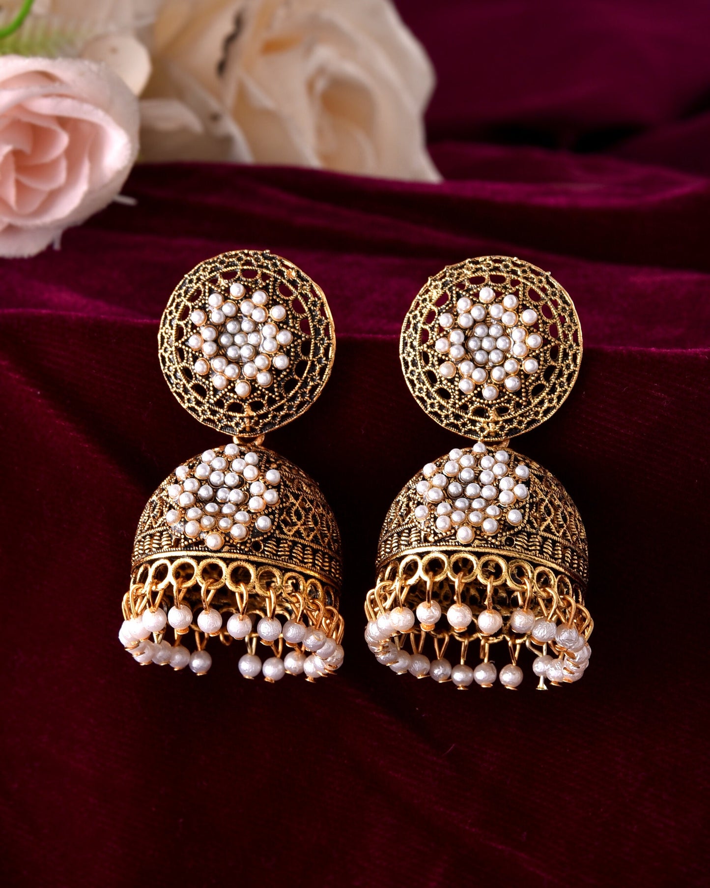 VOJ Gold Toned Stone Studded Done Shaped With Pearl Jhumka Earrings - Swadesiicart